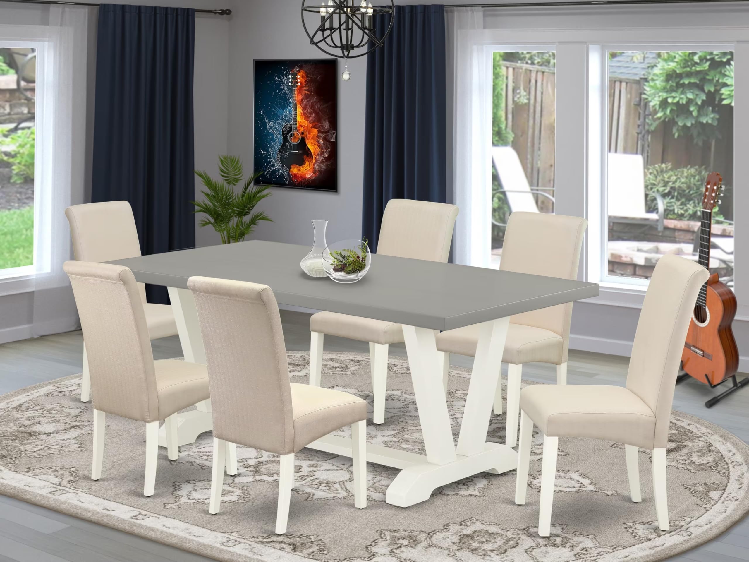 East West Furniture V097Ba201-7 7 Piece Dining Room Table Set Consist Of A Rectangle Kitchen Table With V-Legs And 6 Cream Linen Fabric Parson Dining Chairs, 40X72 Inch, Multi-Color