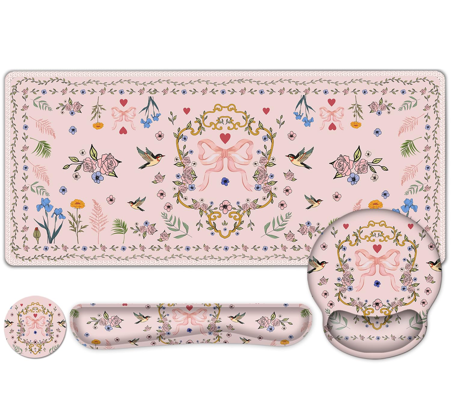 Romantic Pink Floral Mouse Pad, XXL Large Desk Mat Extended Reading Desk pad, 4PCS Non-Slip Rubber Base Computer Big Mousepads f