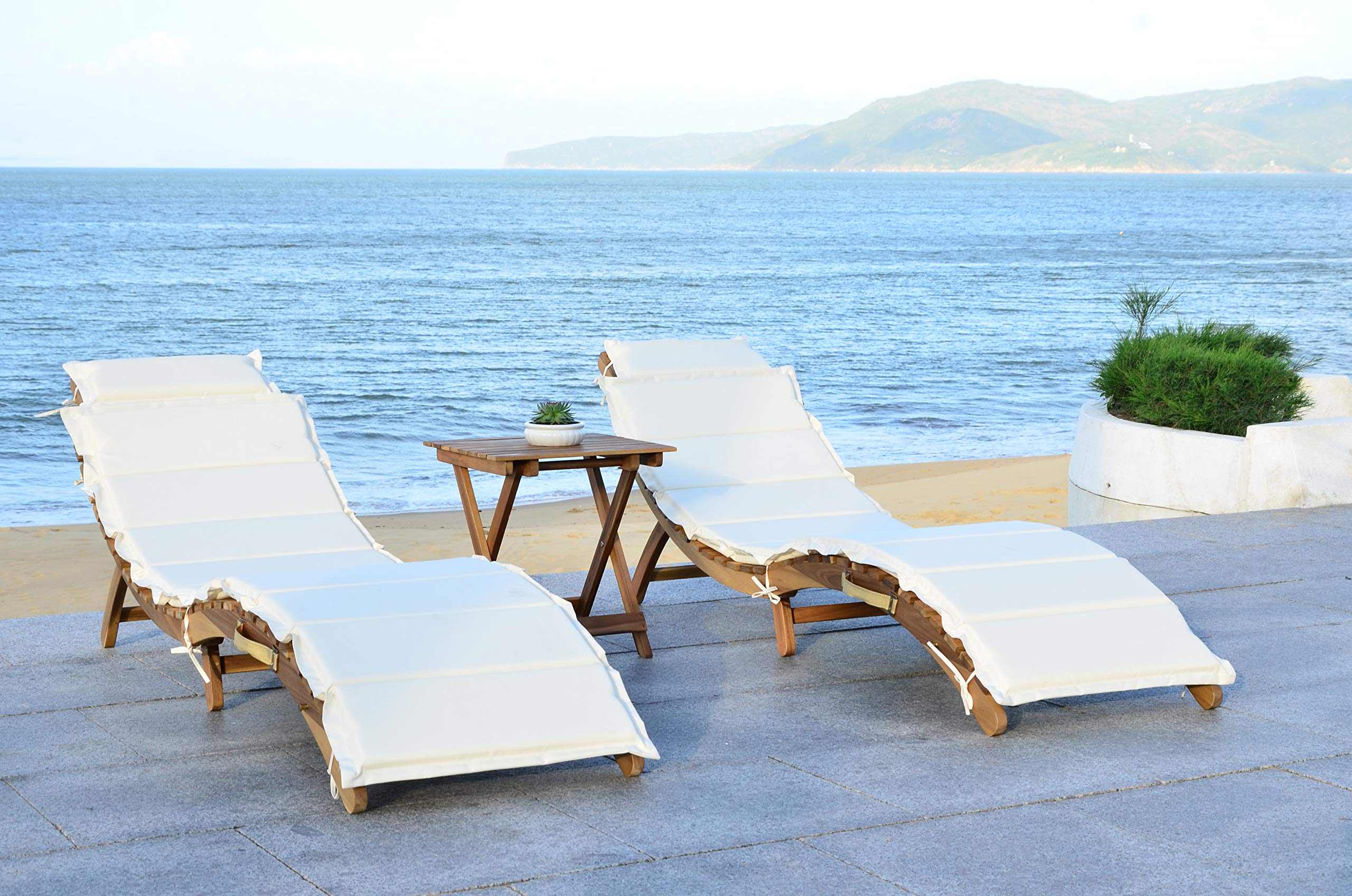 SAFAVIEH Outdoor Collection Pacifica Natural Brown Solid Wood/Beige Cushion 3-Piece Chaise Lounge Set with Table (PAT7020B)