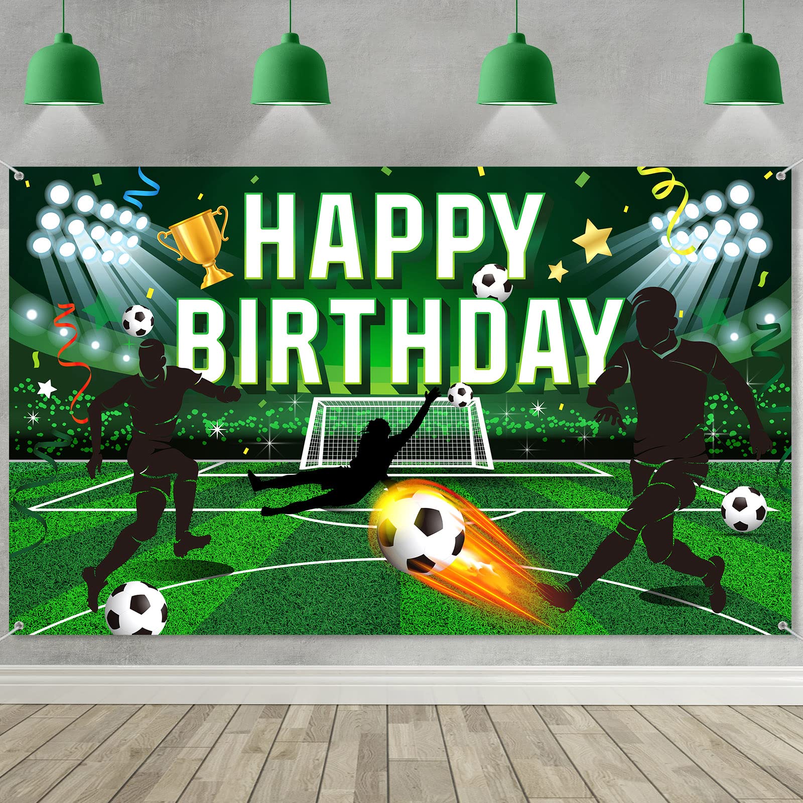 Tatuo Soccer Birthday Party Backdrop, Polyester Football Field Background with Happy Birthday Lettering, Includes White Rope, 5.