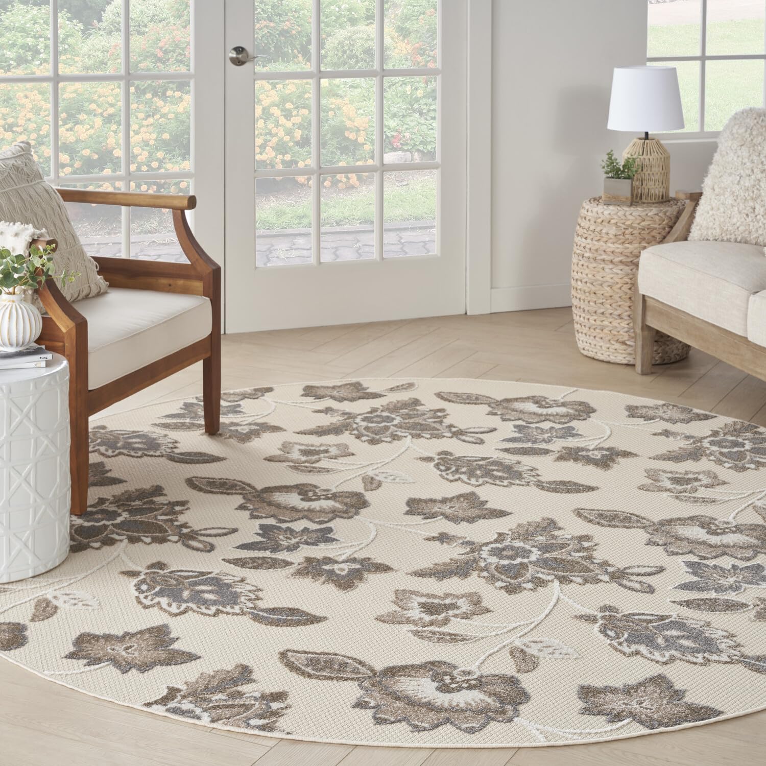 Nourison Aloha Indoor-Outdoor Beige 7?0?X Round Area Rug, Easy Cleaning, Non Shedding, Bed Room, Living Room, Dining Room, Backyard, Deck, Patio (8 Round)
