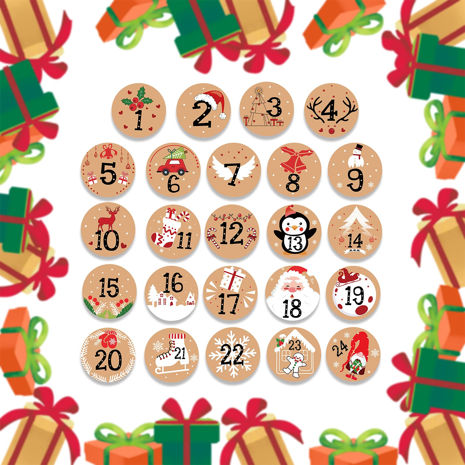 Howaf 192Pcs Christmas Advent Stickers 1-24 Christmas Number Stickers Round Kraft Christmas Countdown Stickers Diy Advent Calend
