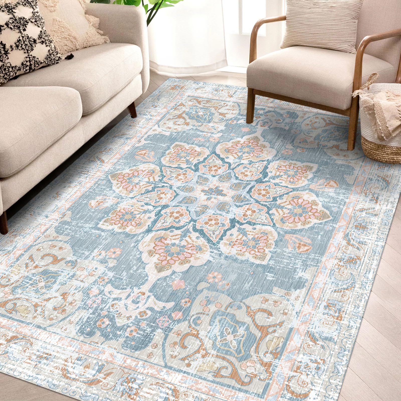 Vhong Washable Area Rugs Boho Vintage Neutral Modern Pale Blue 4x6 Non Slip Carpet for Living Room Dining Room Bedroom