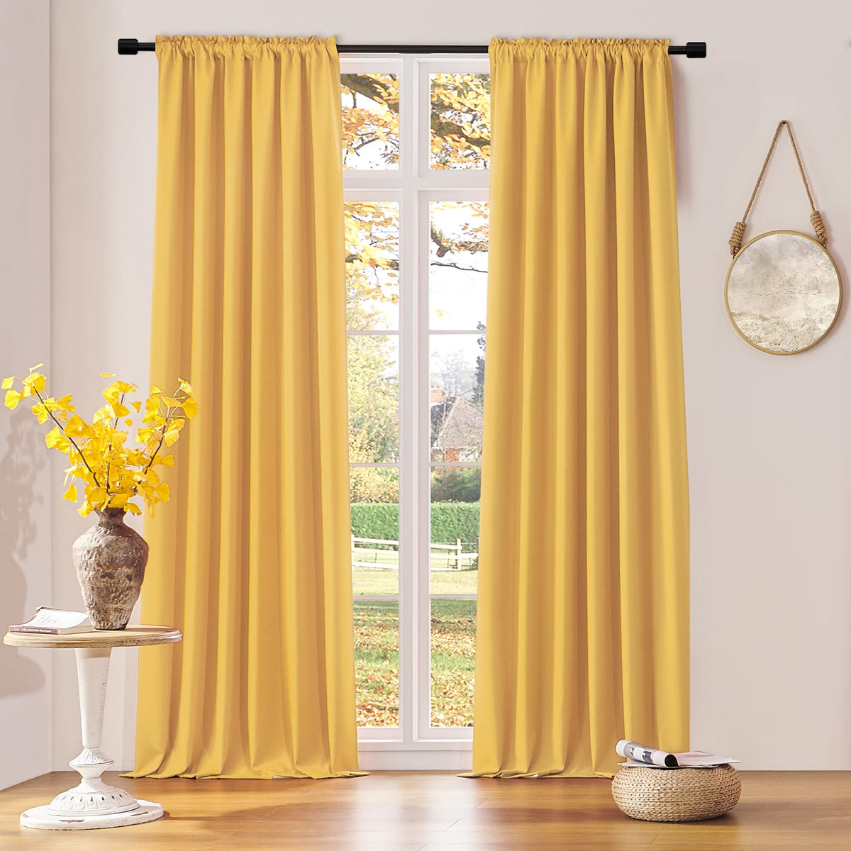 Donren Gold Yellow Backdrop 5Ft X 9Ft Curtains For Christmas Background - Energy Saving Thermal Insulated Solid Rod Pocket Black
