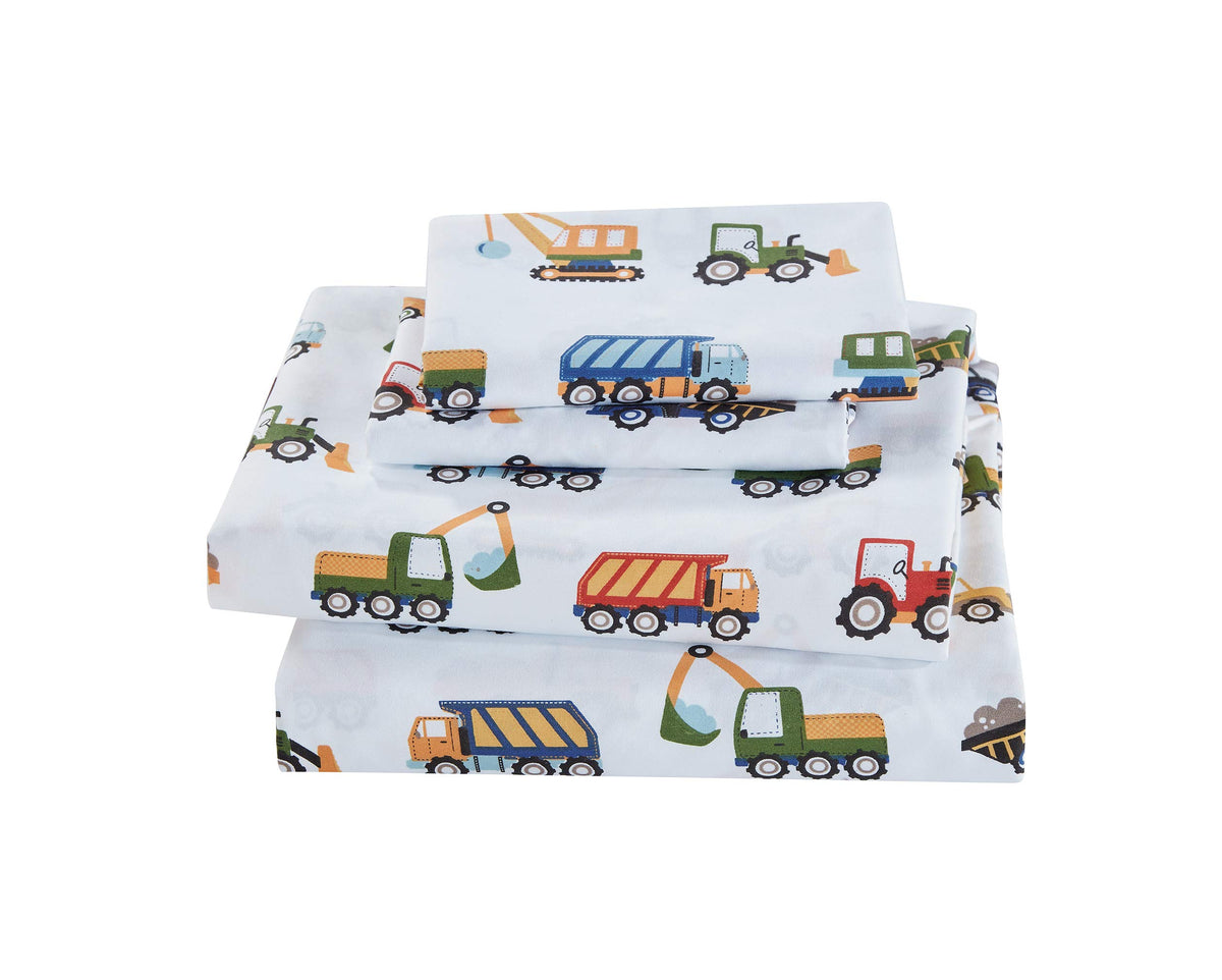 Linen Plus Sheet Set For Kids Construction Tractors Excavators Loaders Dump Trucks Compactors White Blue Red Green Yellow Grey F