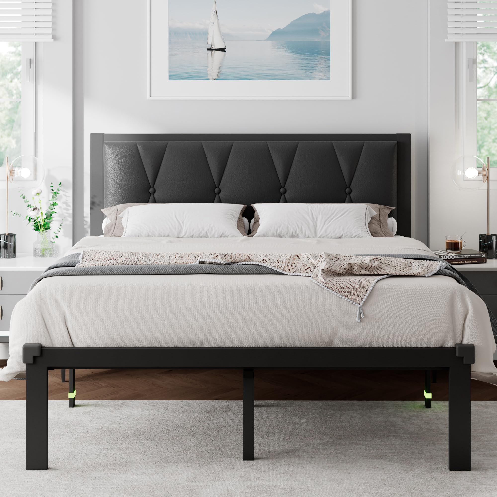 Feonase Full Size Metal Bed Frame With Faux Leather Button Tufted Headboard, Platform Bed Frame With Heavy Duty Metal Slats, 12' Storage Space, Noise Free, No Box Spring Needed, Black