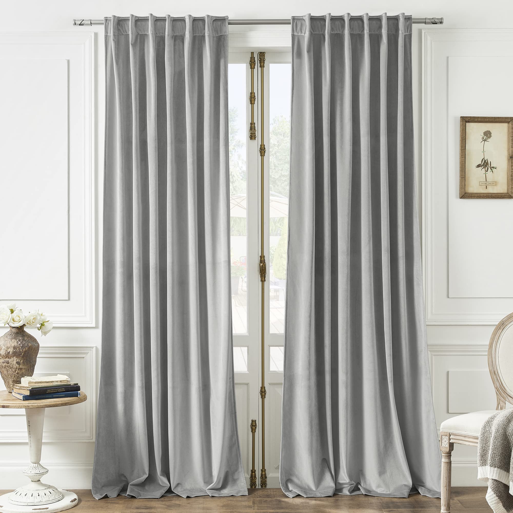 Timeper Grey Curtains 96 Inches Long - Silver Grey Blackout Velvet Curtains Back Tab & Rod Pocket Top Room Darkening Window Curt