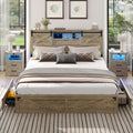 Hasuit Farmhouse Bed Frame California King Size With Storage Bookcase Headboard, Wooden Cal King Bed With Led Lights, Charging Station, 2 Drawers, Country Rustic Bed Frame With Sliding Barn Door
