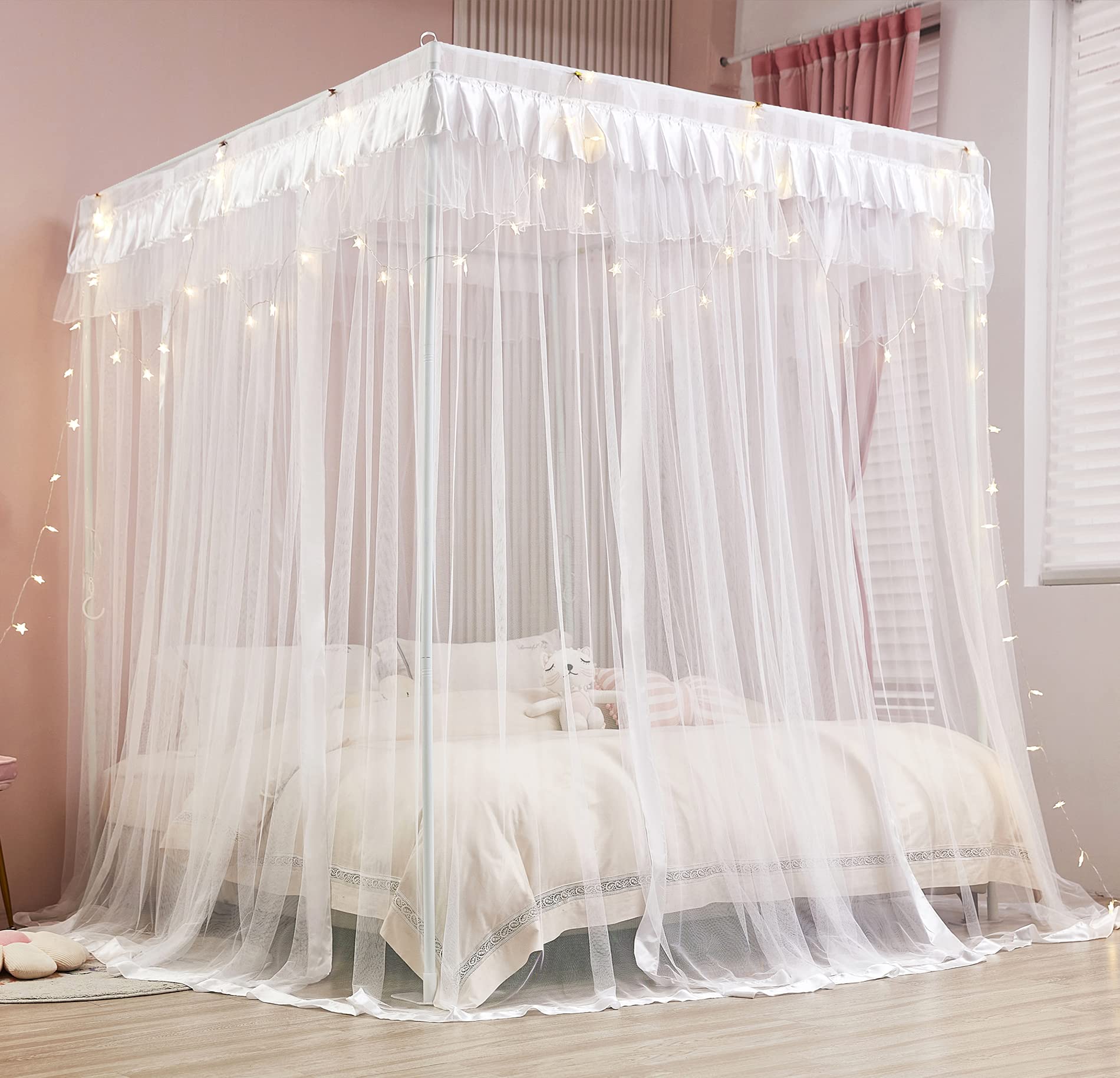 Mengersi 4 Corners Post Canopy Bed Curtains For Girls Kids Adults Queen Size- Cute Cozy Drape Square Netting - 4 Opening Mosquit