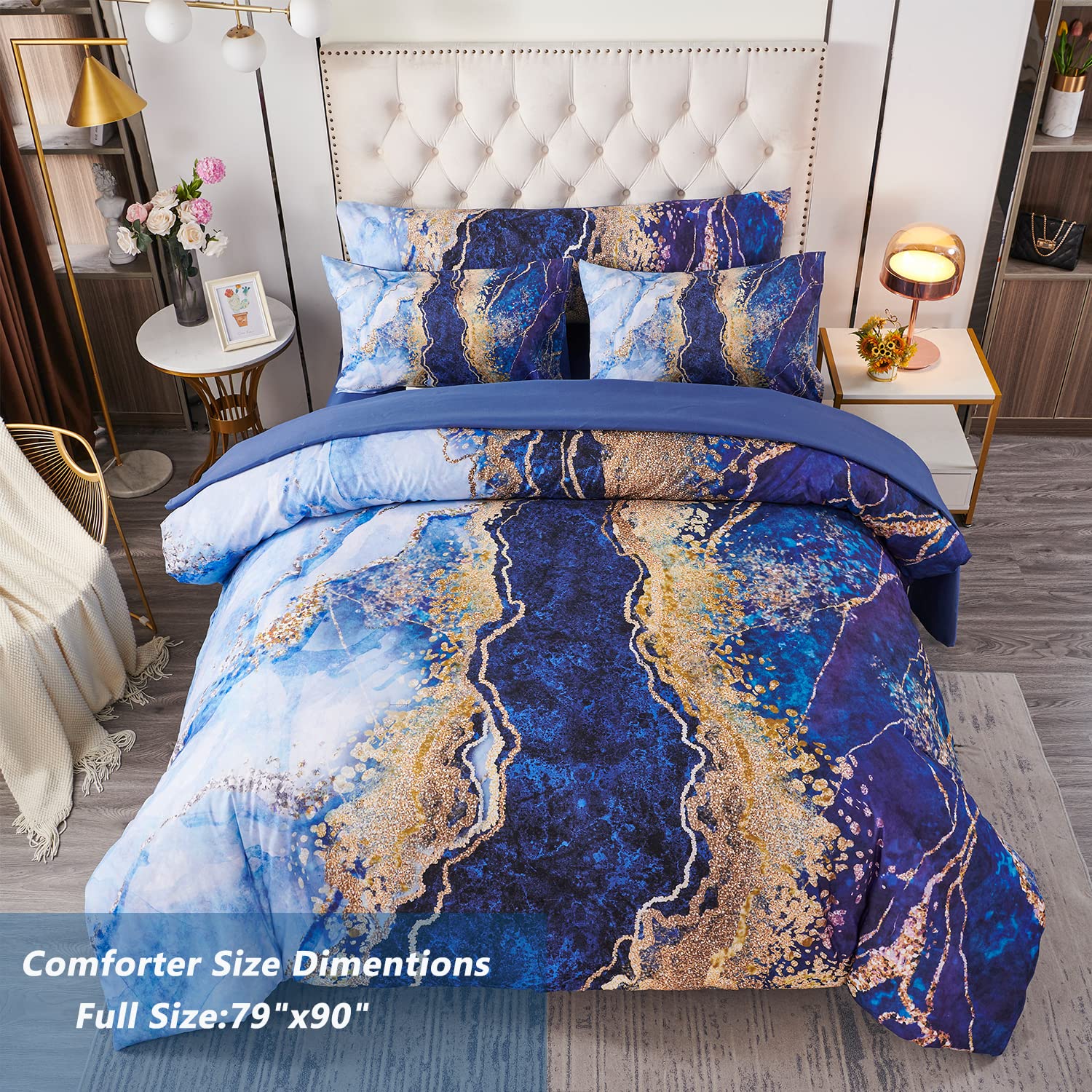 Perfemet Watercolor Marble Printed Comforter Set Full Size 6 Pcs Blue Bed-In-A-Bag With Matched Bed Sheets Colorful Retro Artwor