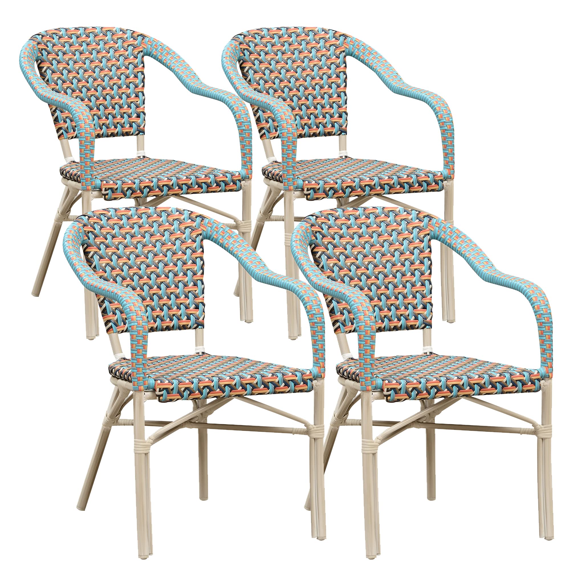 PURPLE LEAF Outdoor Dining Chair Set of 4 Hand-Woven Aluminum Wicker Rattan Armchair for Garden Backyard Porch White Print Finis