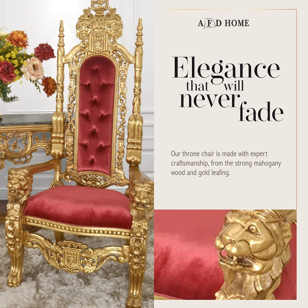 AFD Home King Chair, Accent Chair, Linen-Upholstered Table Chair, Mahogany Hand-Carved Chair, Antique Gold with Dark red Fabric