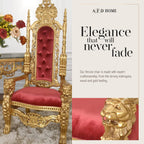 AFD Home King Chair, Accent Chair, Linen-Upholstered Table Chair, Mahogany Hand-Carved Chair, Antique Gold with Dark red Fabric