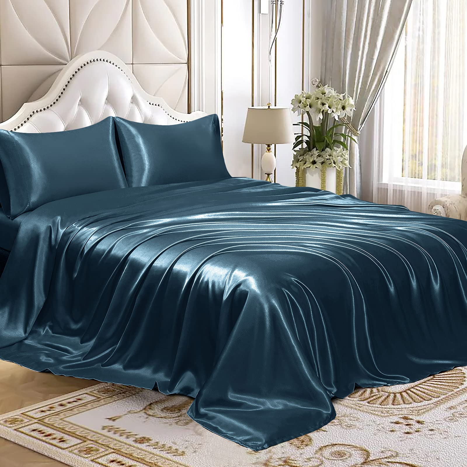 Homiest 4Pcs Satin Sheets Set Luxury Silky Satin Bedding Set With Deep Pocket, 1 Fitted Sheet + 1 Flat Sheet + 2 Pillowcases (Queen Size, Deep Sea Blue)