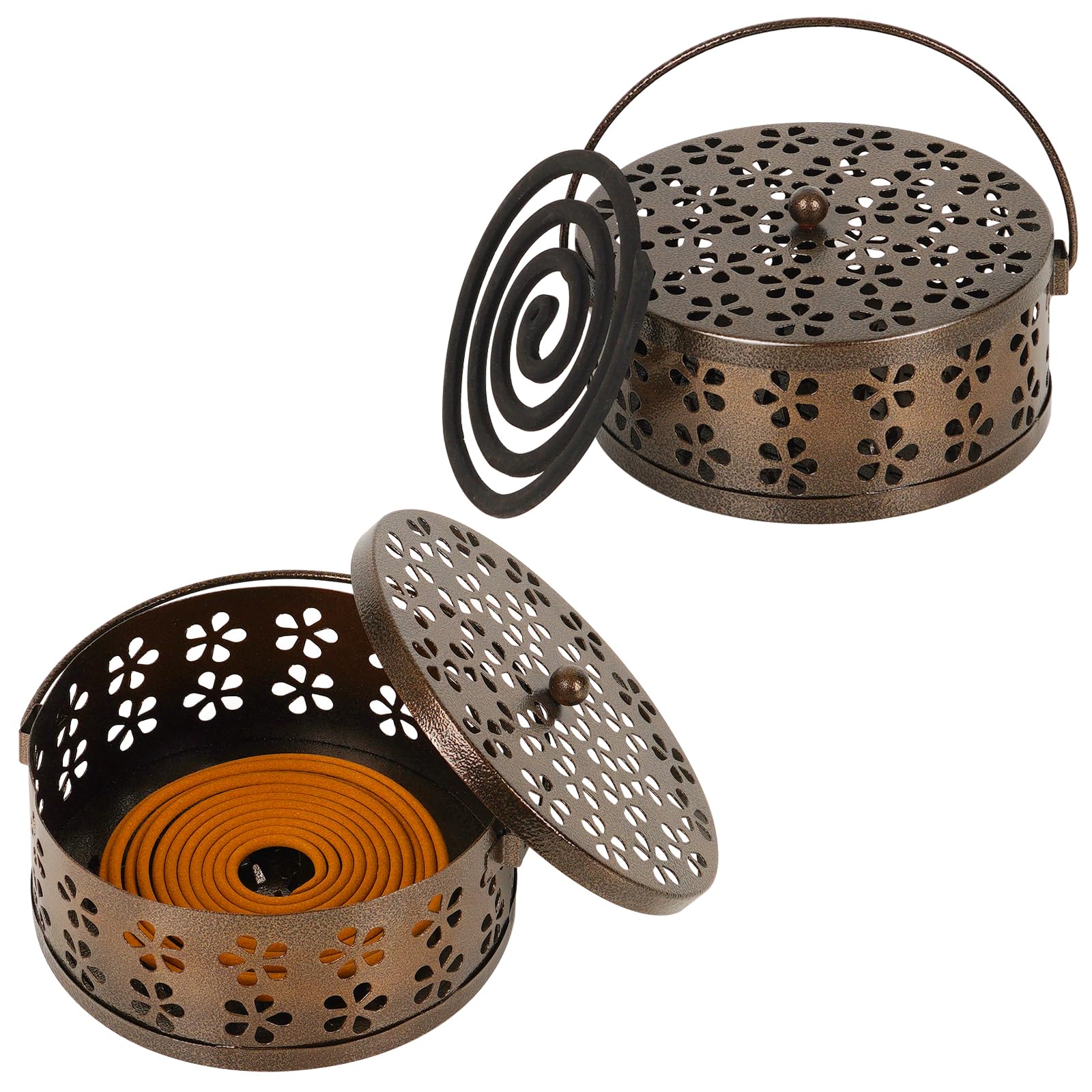Whiidoom Retro Portable Iron Mosquito Coil Holder with Handle Round Fireproof Incense Holder (2 Pack Bronze)