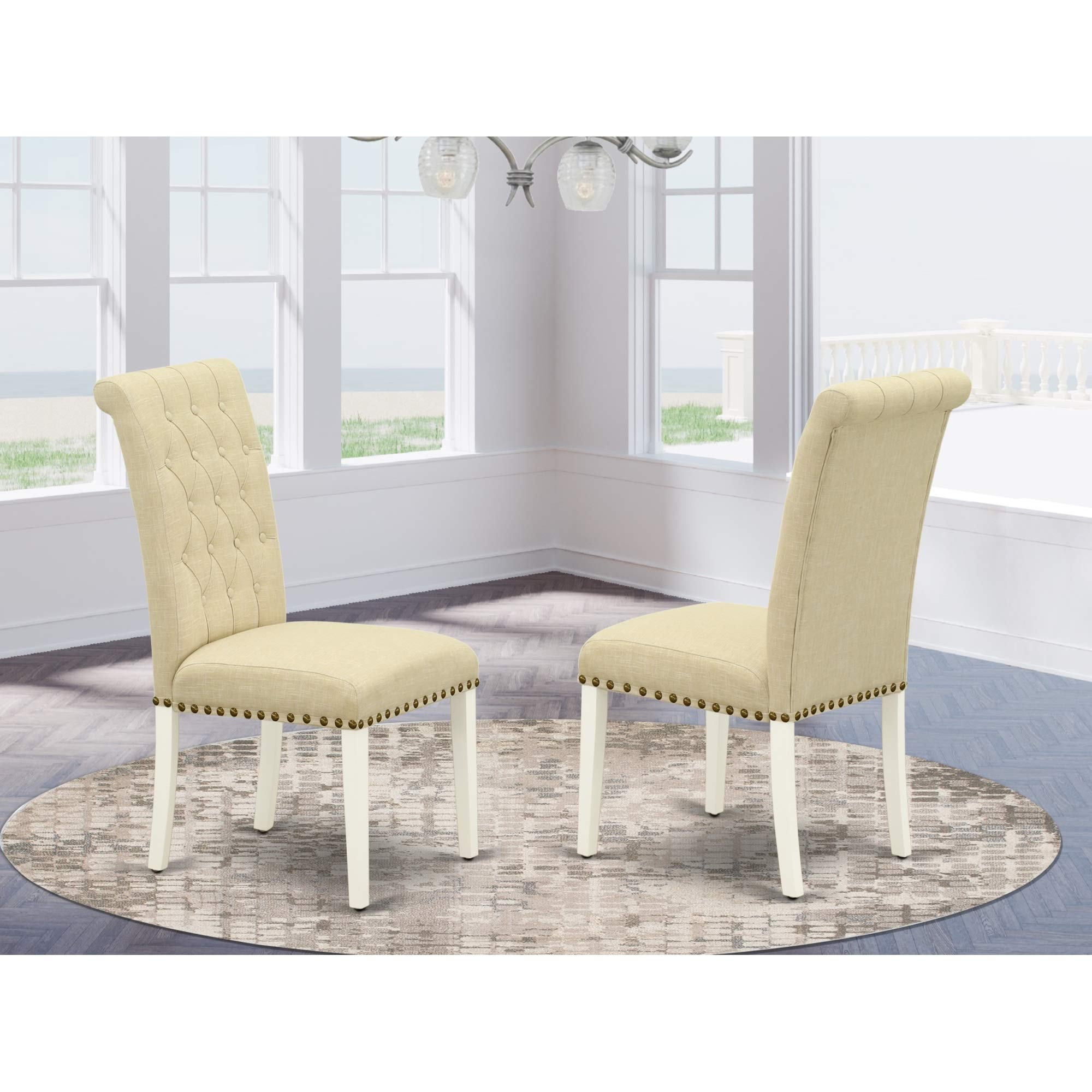 East West Furniture Brp2T02 Bremond Parsons Dining Chairs - Button Tufted Nailhead Trim Light Beige Linen Fabric Upholstered Chairs, Set Of 2, Linen White