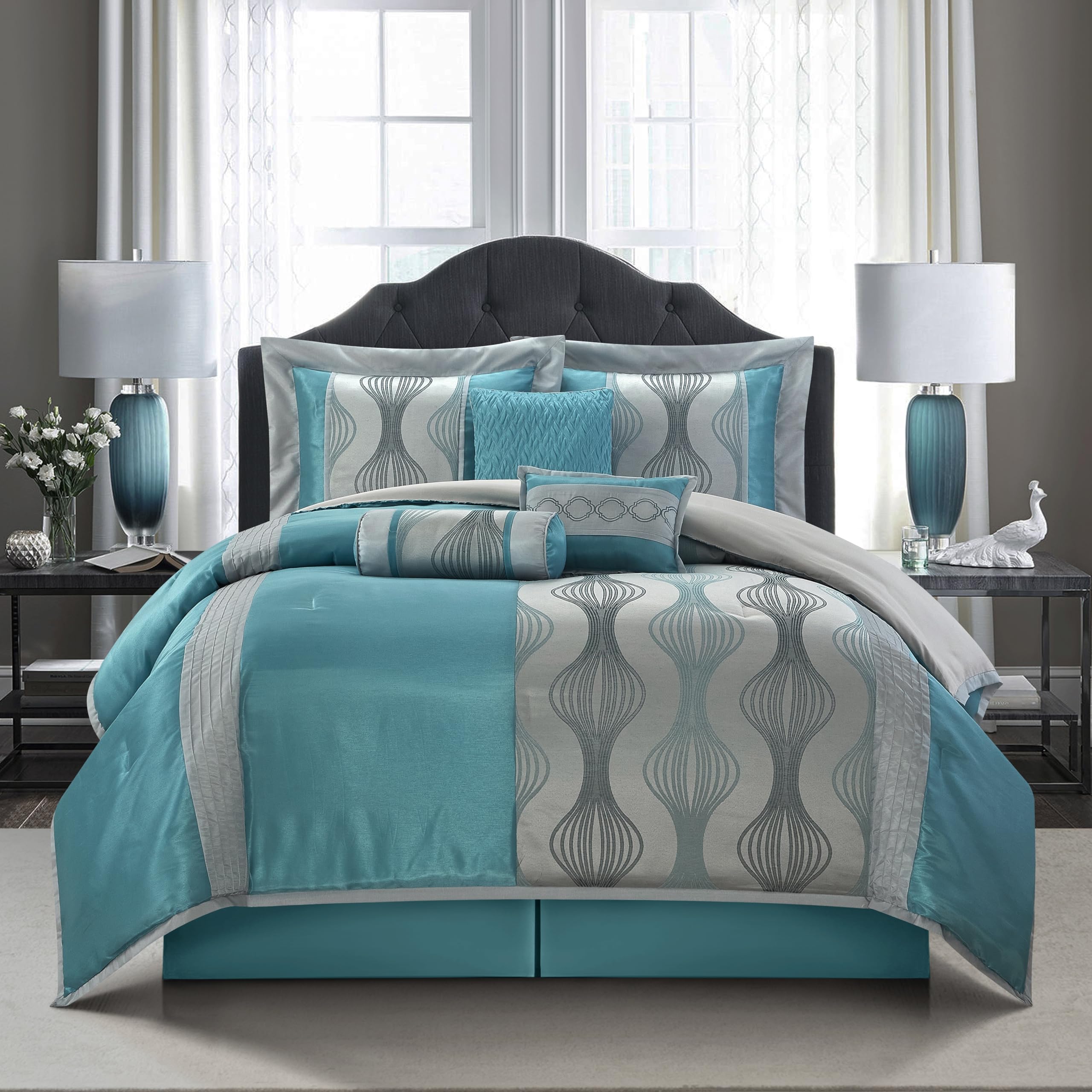 Grand Avenue 7 Piece Blue Comforter Set, California King Size Jacquard Bedding Set, All Season Geometric Patchwork Bedding Set,