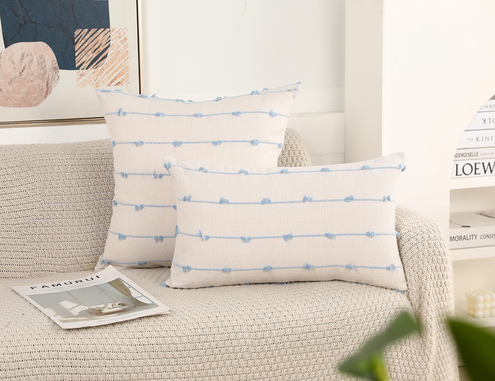 Nuyecy Set Of 2 Boho Throw Pillow Covers 24X24,Light Blue And White Neutral Couch Pillow Case With Tassel Fringe Decorative,Mode