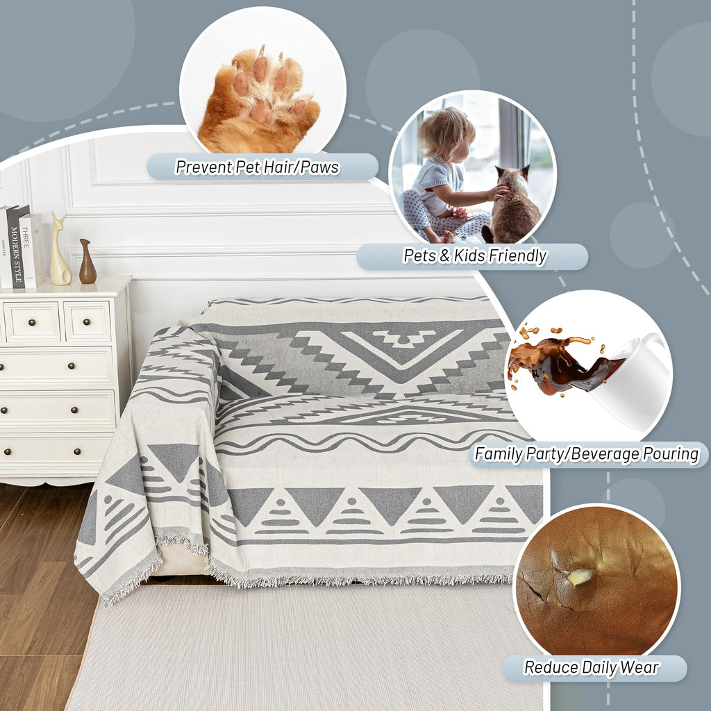 Mysky Home Boho Couch Cover For Dogs Washable Grey Rhombic Couch Sofa Protector For Loveseat Sofa With Pets Friendly Chenille Ge