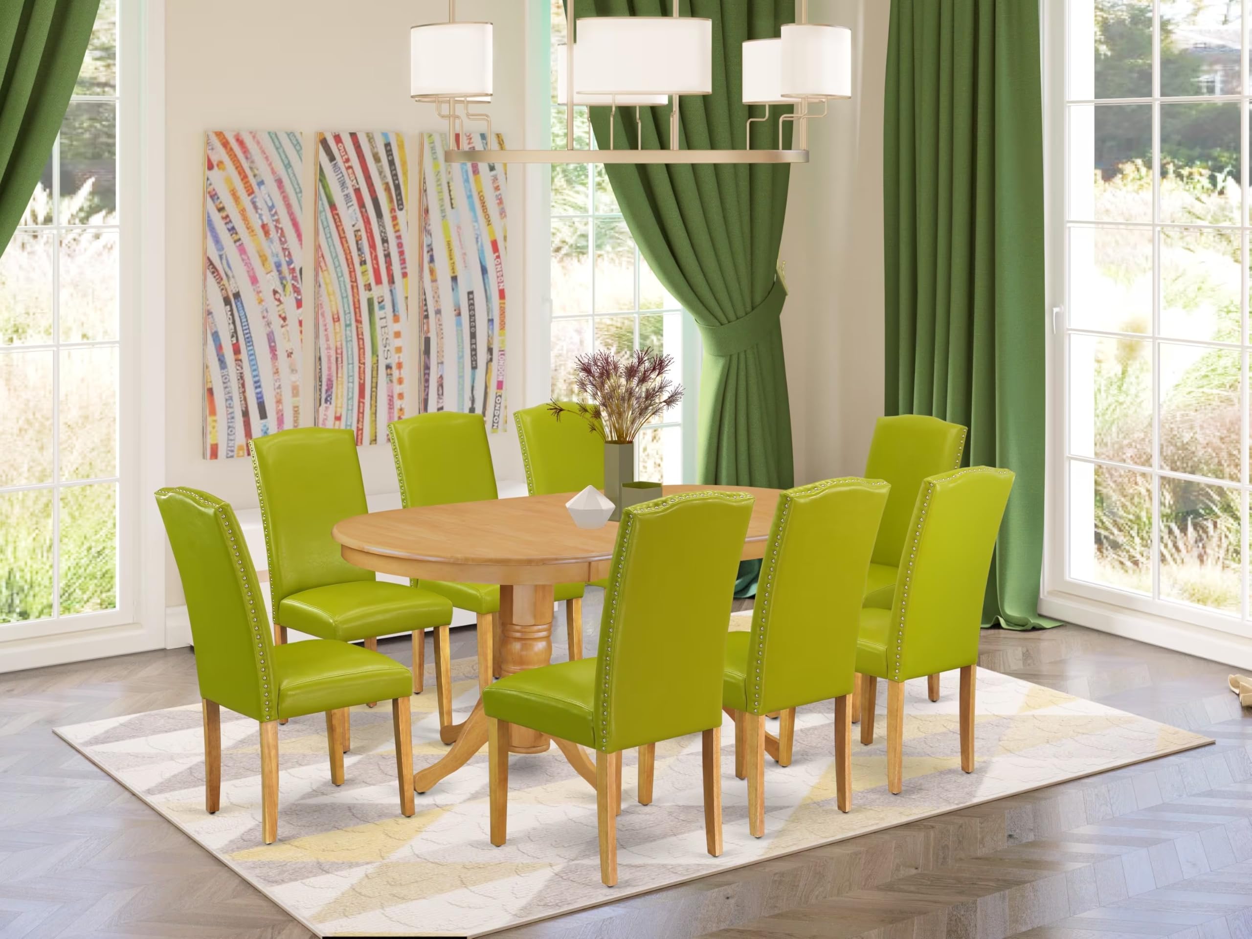 East West Furniture Vaen9-Oak-51 9 Piece Dining Set Includes An Oval Dining Room Table With Butterfly Leaf And 8 Autumn Green Faux Leather Upholstered Chairs, 40X76 Inch, Oak