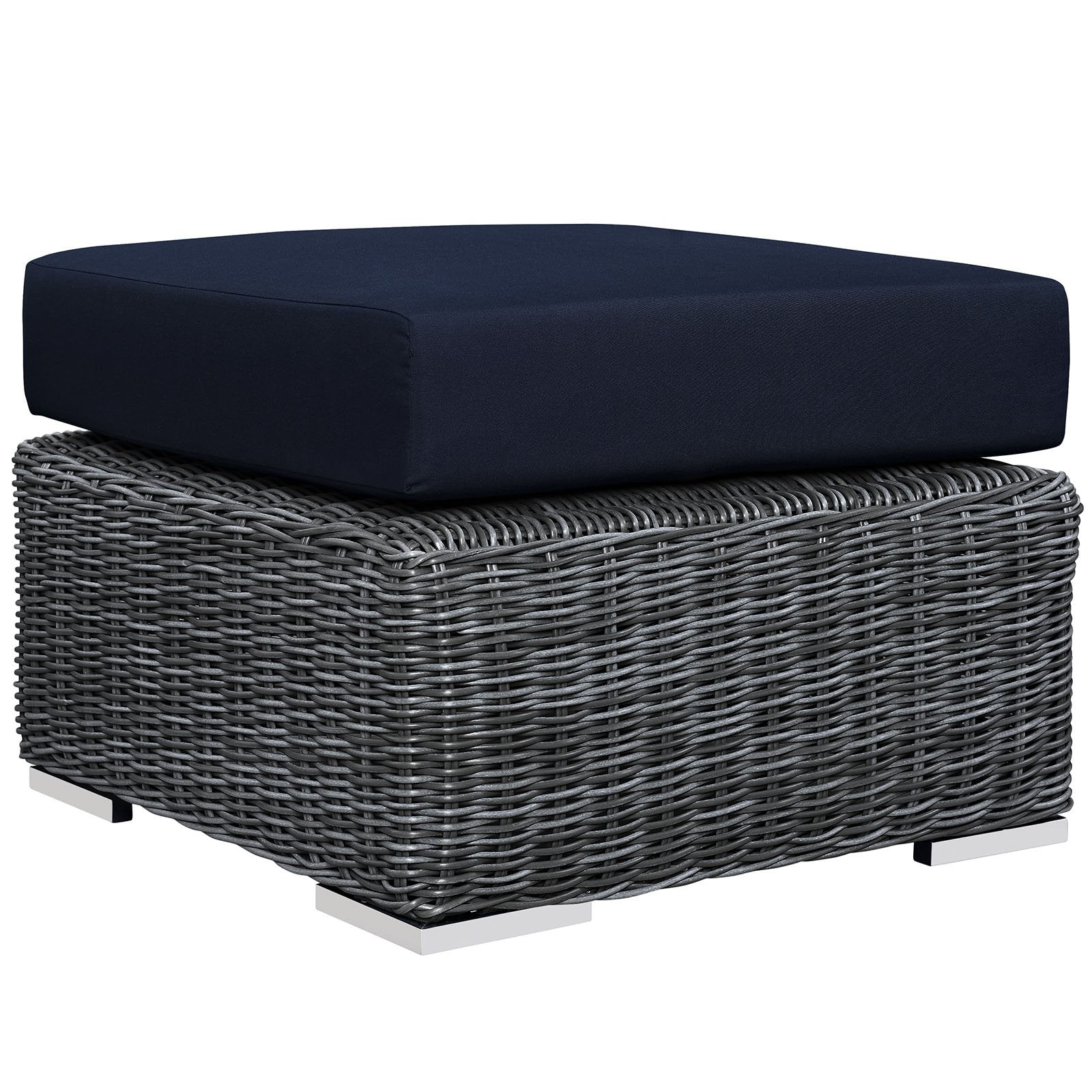 Modway Summon Wicker Rattan Outdoor Patio Sunbrella Square Ottoman in Canvas Navy