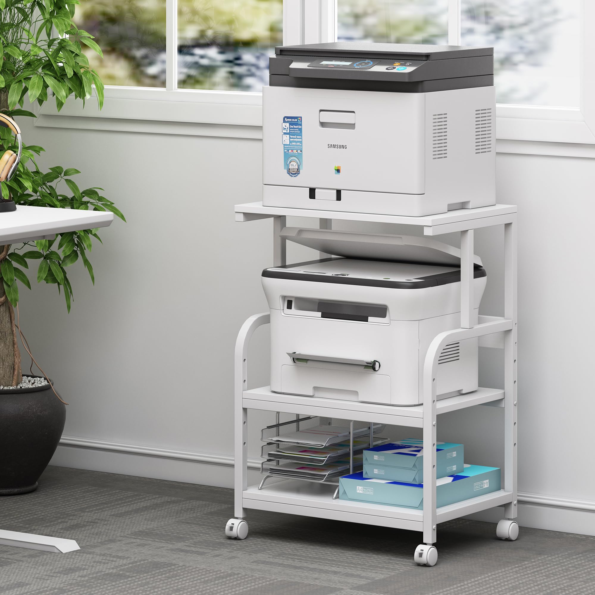 Fannova White Printer Stand With Storage, 3 Tier Printer Table With Height Adjustable Shelf, Rolling Printer Cart With Wheels Fo