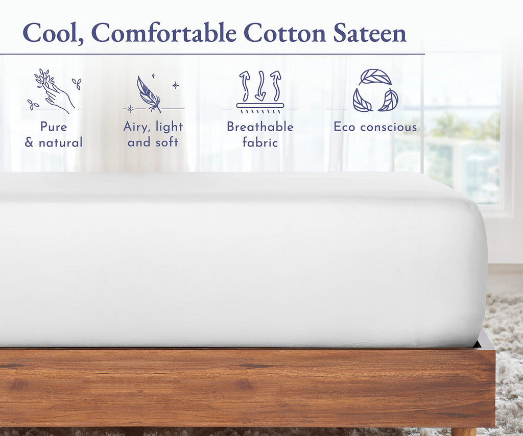 California Design Den Fitted Sheet Full Only, Soft 100% Cotton Sateen, Deep Pocket, Durable All-Around Elastic, Head/Foot Side Indicators, Full Size White Fitted Sheet
