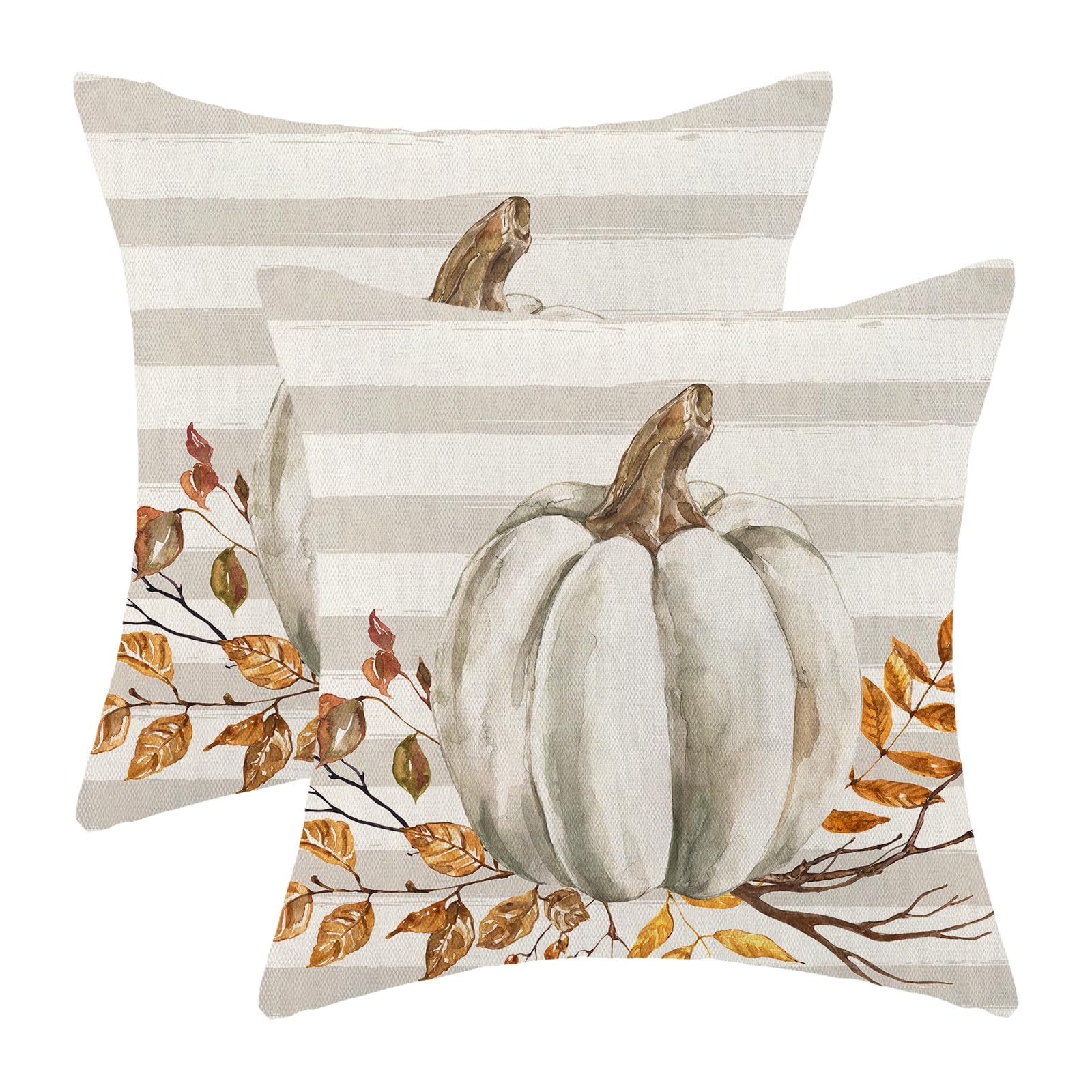 Fall Pillow Covers 24X24 Inch Set Of 2 Watercolor Pumpkin Throw Pillows Case,Grey Stripes Autumn Flowers Decorative Farmhouse Ha