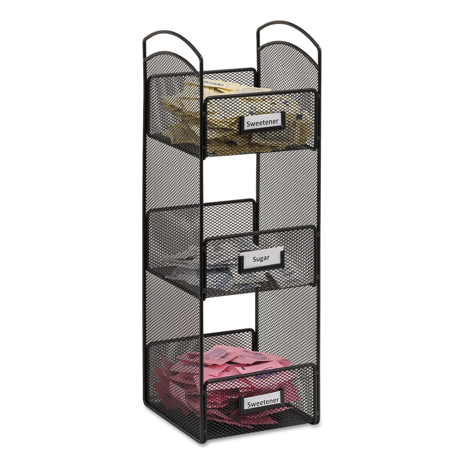 Safcoonyx Mesh Tower Organizer - 3 Compartments, Labels Included, Steel Mesh With Powder Coat, Black. Perfect For Breakroom Or C
