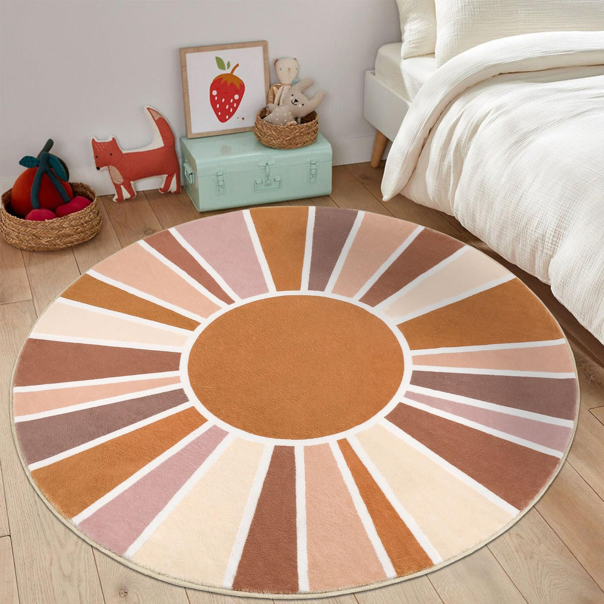 Topotdor Sun Rainbow Round Rug 5.2Ft Boho Kids Nursery Rug, Colorful Washable Area Rug Ultra Soft Circle Classroom Rug Non-Slip