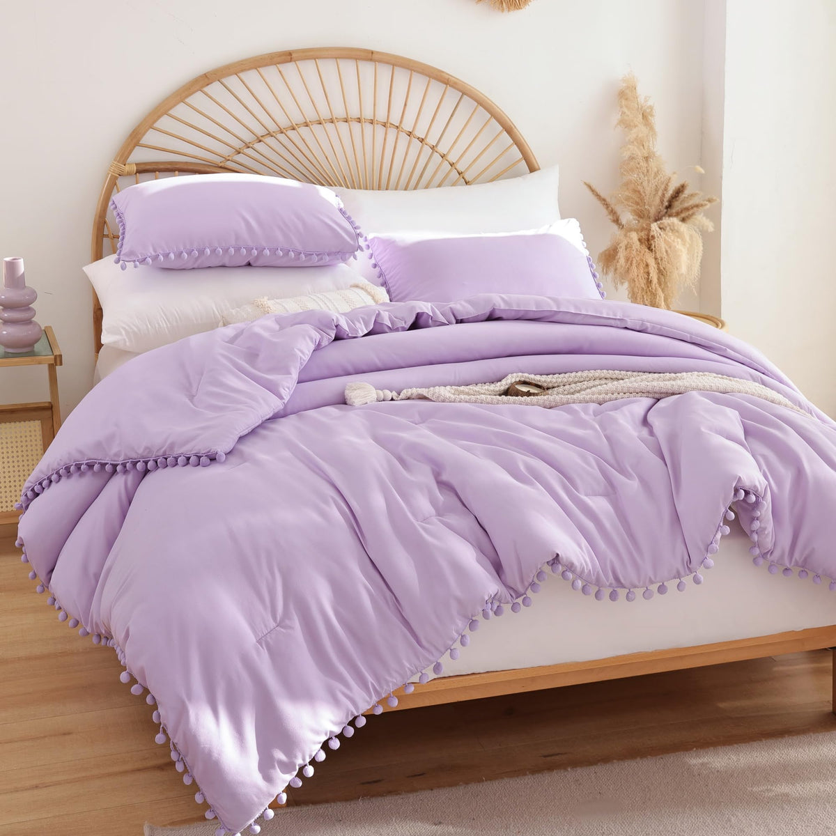 Yirddeo Lavender Purple Full Size Ball Pom Fringe Design Comforter Set 3Pcs, Boho Aesthetic Luxurious Microfiber Bedding Set, Vi