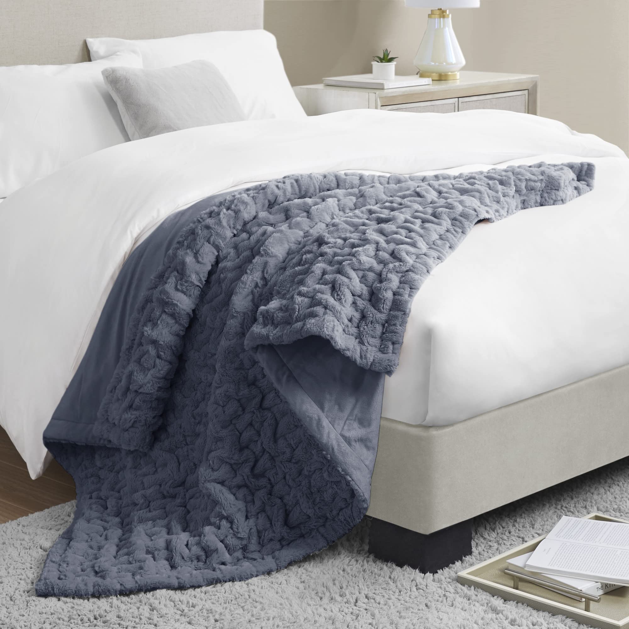 Madison Park Ruched Luxury Throw Premium Soft Cozy Brushed Long Faux Fur For Bed, Couch Or Sofa, 50''X60'', Slate Blue