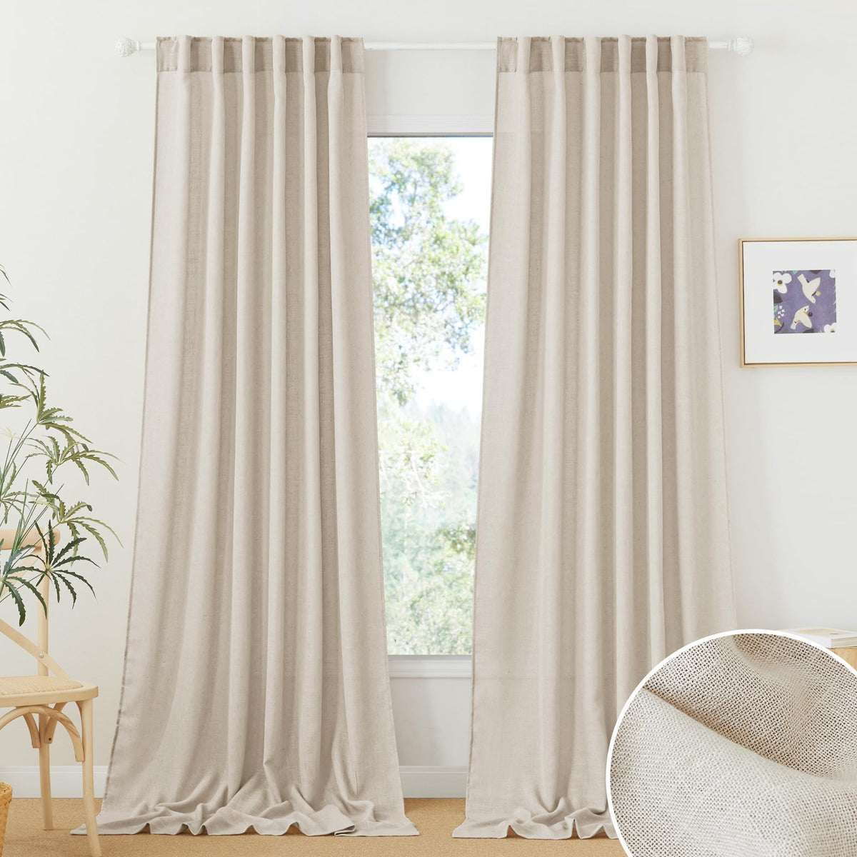 Ryb Home Semi Sheer Curtains 120 Inches Long, Faux-Linen Privacy Sheer Drapes Look Classy Window Decor For Balcony Living Room D