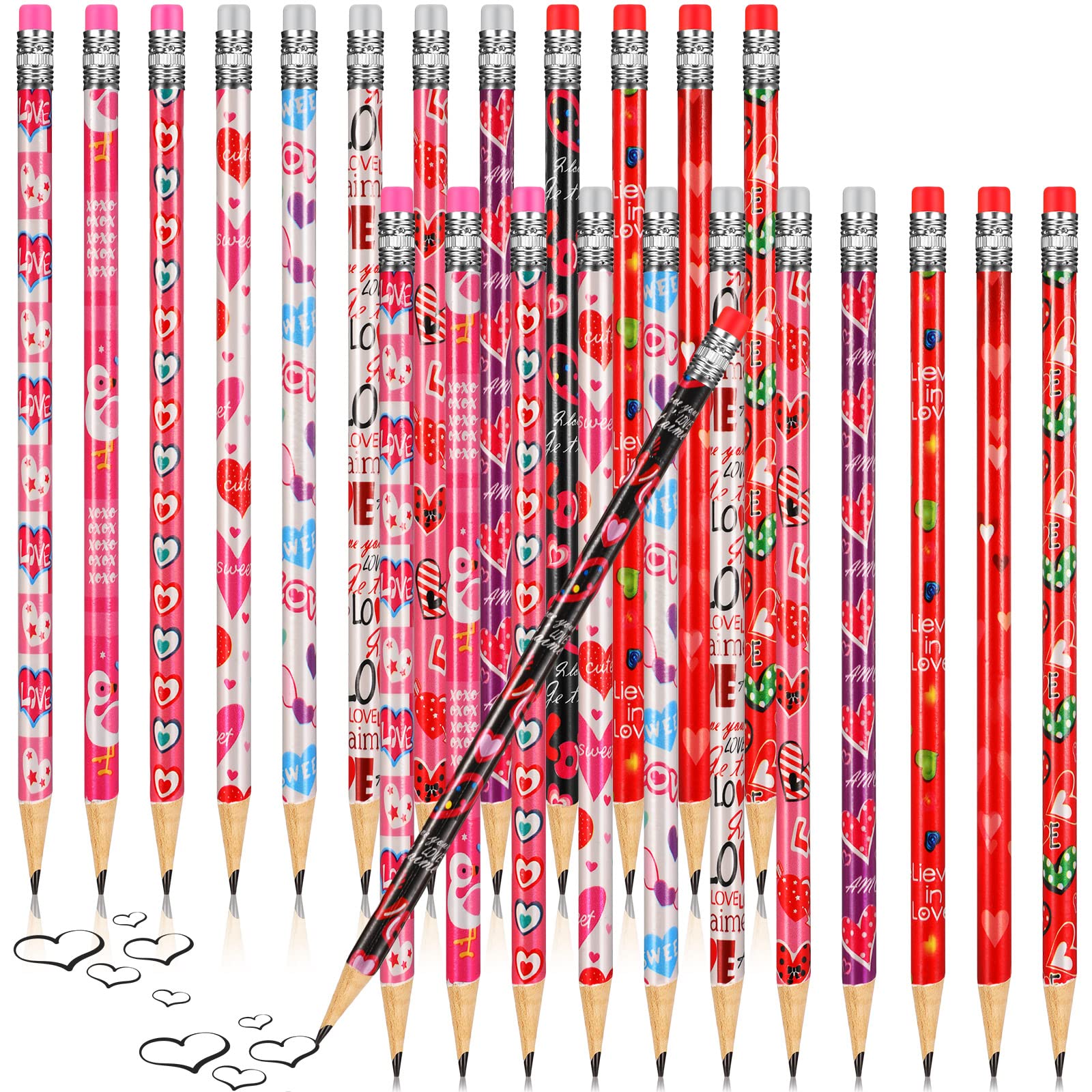24 Pieces Valentines Pencils For Kids Class, Valentine'S Day Pencils, Colorful Pencils With Erasers, Love Heart Patterns, Wooden
