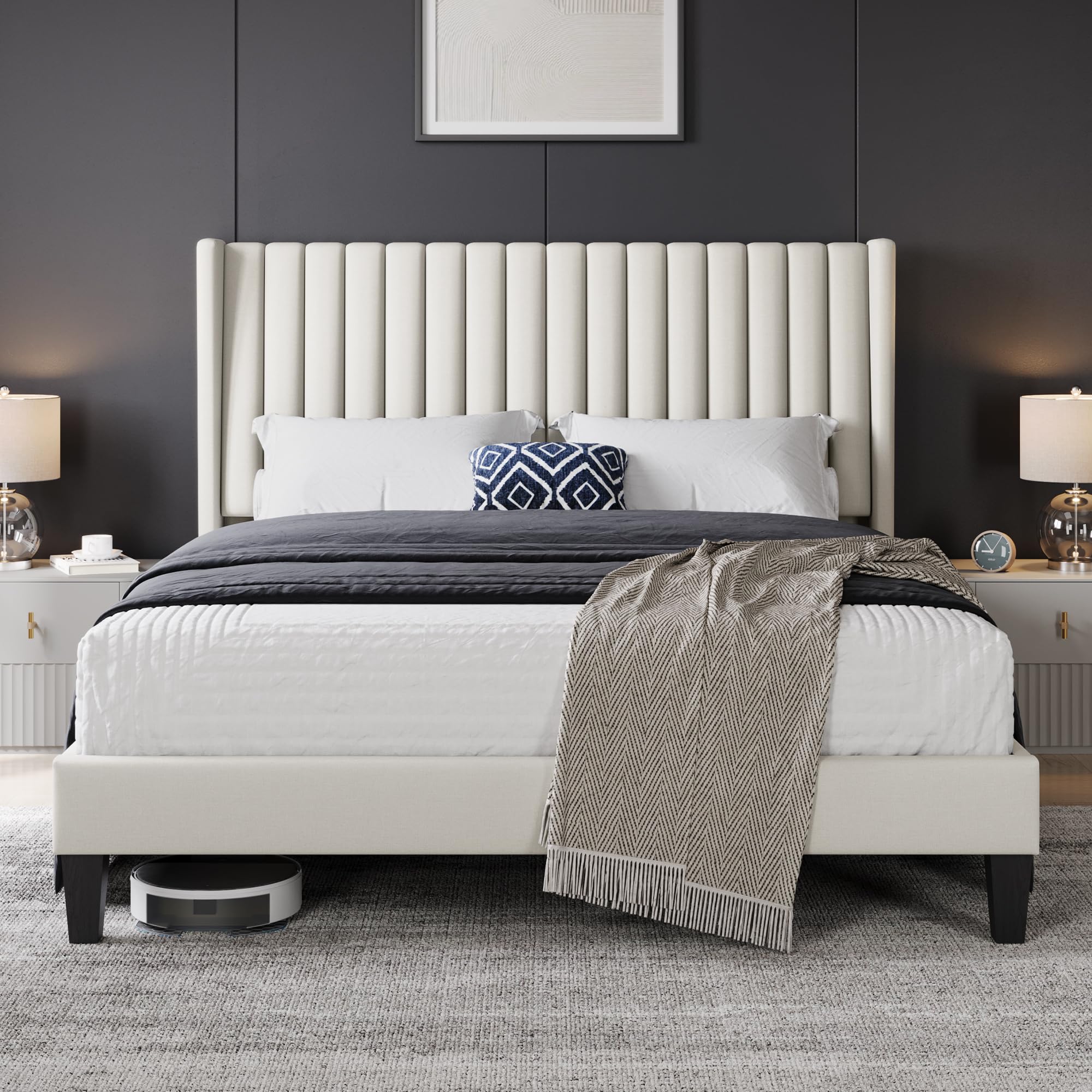 Yaheetech Queen Bed Frame Upholstered Platform Bed With Fabric Headboard, Wing Edge Design/Non-Slip And Noise-Free/Wooden Slats Support/No Box Spring Needed/Easy Assembly, Beige Queen Bed