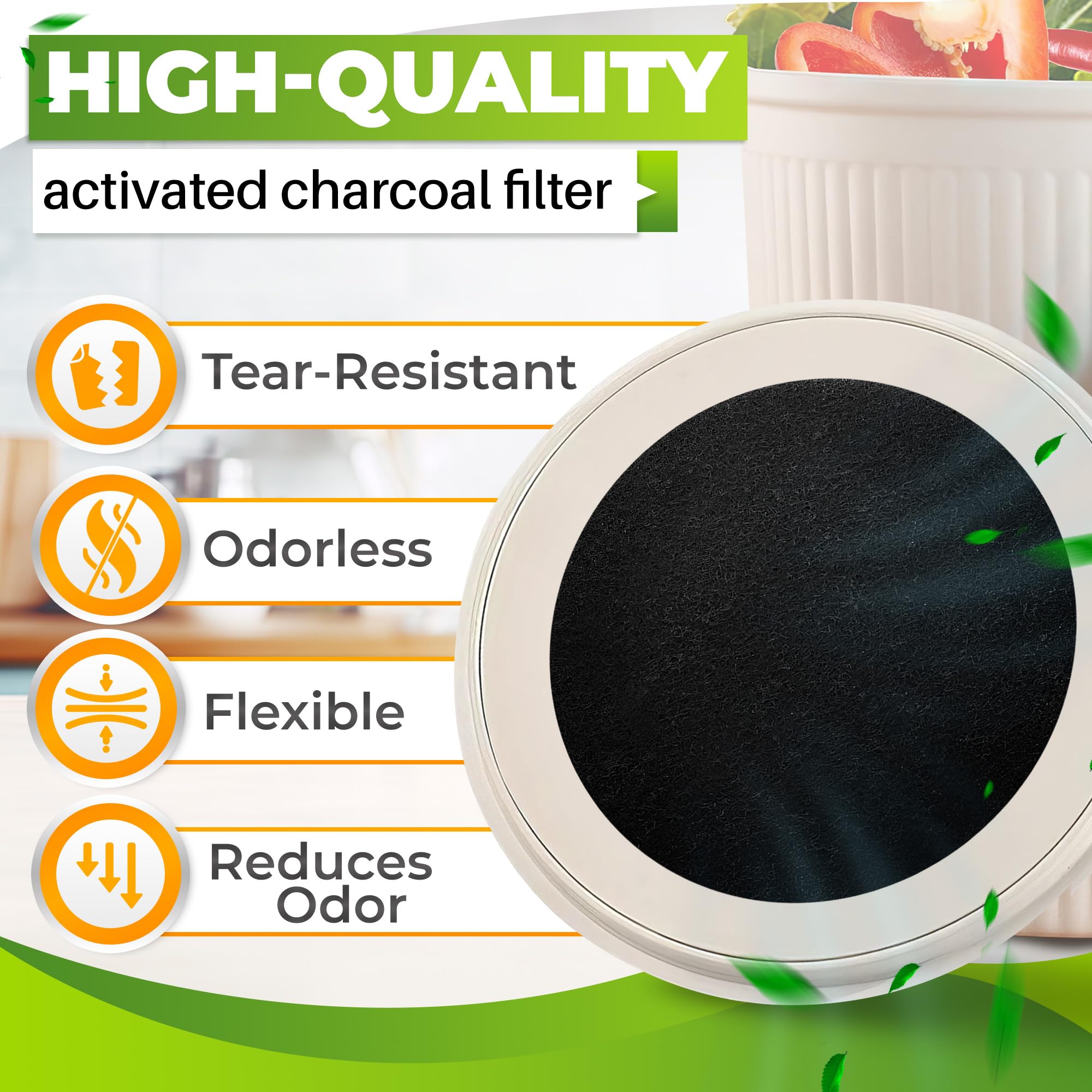 Reluen 12 Pcs Charcoal Filters for Compost Bucket - Activated Charcoal, Flexible Design, Strong Odor Absorption, 6.7 x 0.6 Inches, Black
