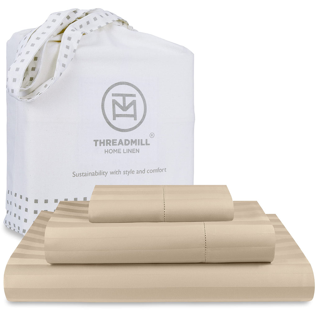 Threadmill 500 Thread Count Twin-XL Size Damask Stripe, 3 Pc Luxury Cotton Bed Sheet Set, Silky Soft Light Beige Sheets with 15'