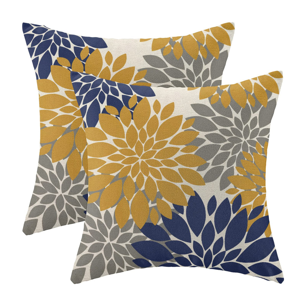 CXMEIFLY Mustard Yellow Navy Blue Pillow Covers 16x16 Inch Set of 2 Dahlia Floral Decor Throw Pillows Summer Modern Geometry Flo