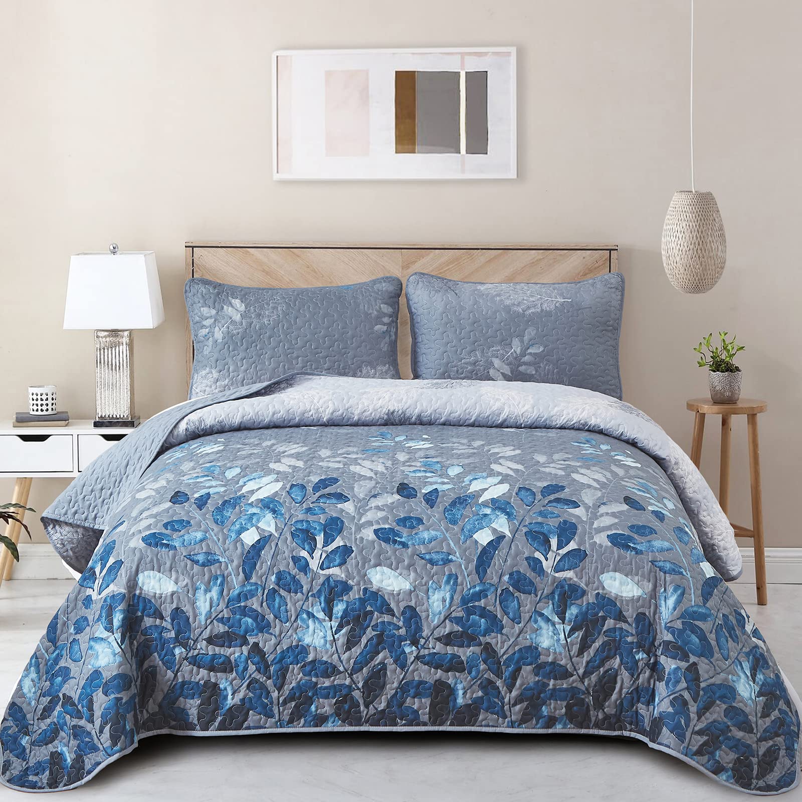 Wongs Bedding Blue Quilt Set King Size,3 Pieces Navy Blue Floral Bedspread Coverlet Set With 2 Pillowcases,Soft Microfiber Light