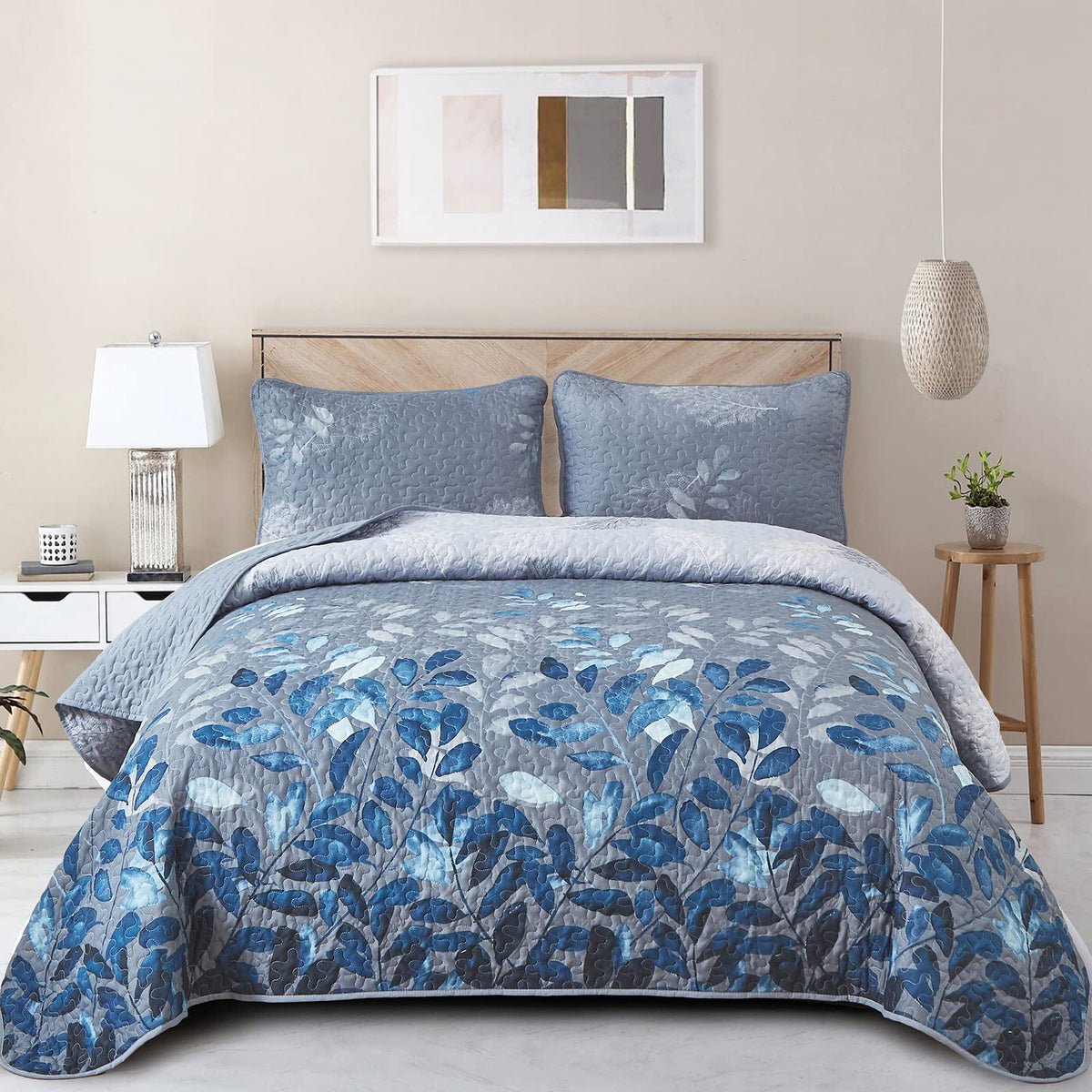 Wongs Bedding Blue Quilt Set Queen Size,3 Pieces Navy Blue Floral Bedspread Coverlet Set,Soft Microfiber Lightweight Floral Bedd