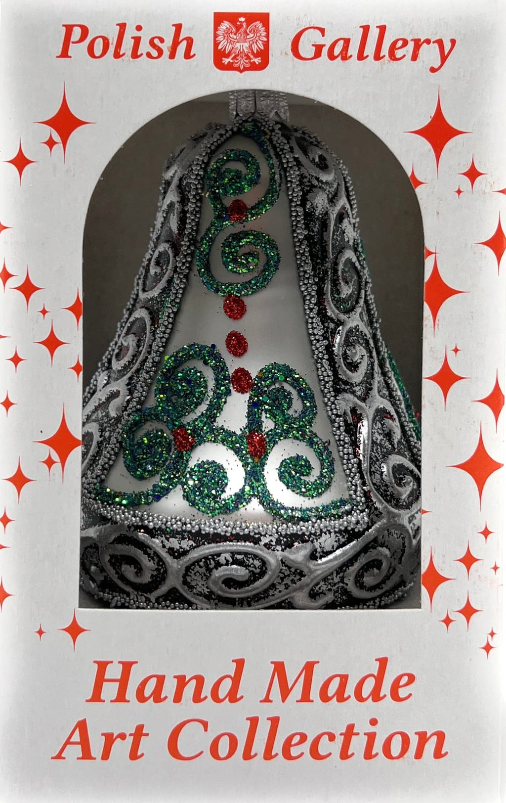 Polish Gallery Christmas Bell Ornament 4-Inch Blown Glass (Silver Embellished)
