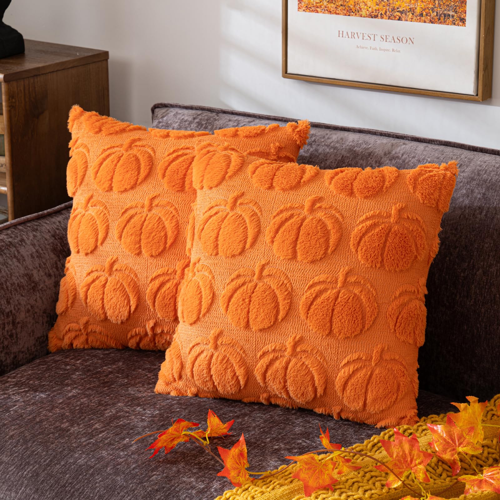 Cosibono Pumpkin Fall Decorative Throw Pillow Covers 18'X18', Set Of 2 Orange Soft Faux Fur Pillow Covers For Autumn Harvest,