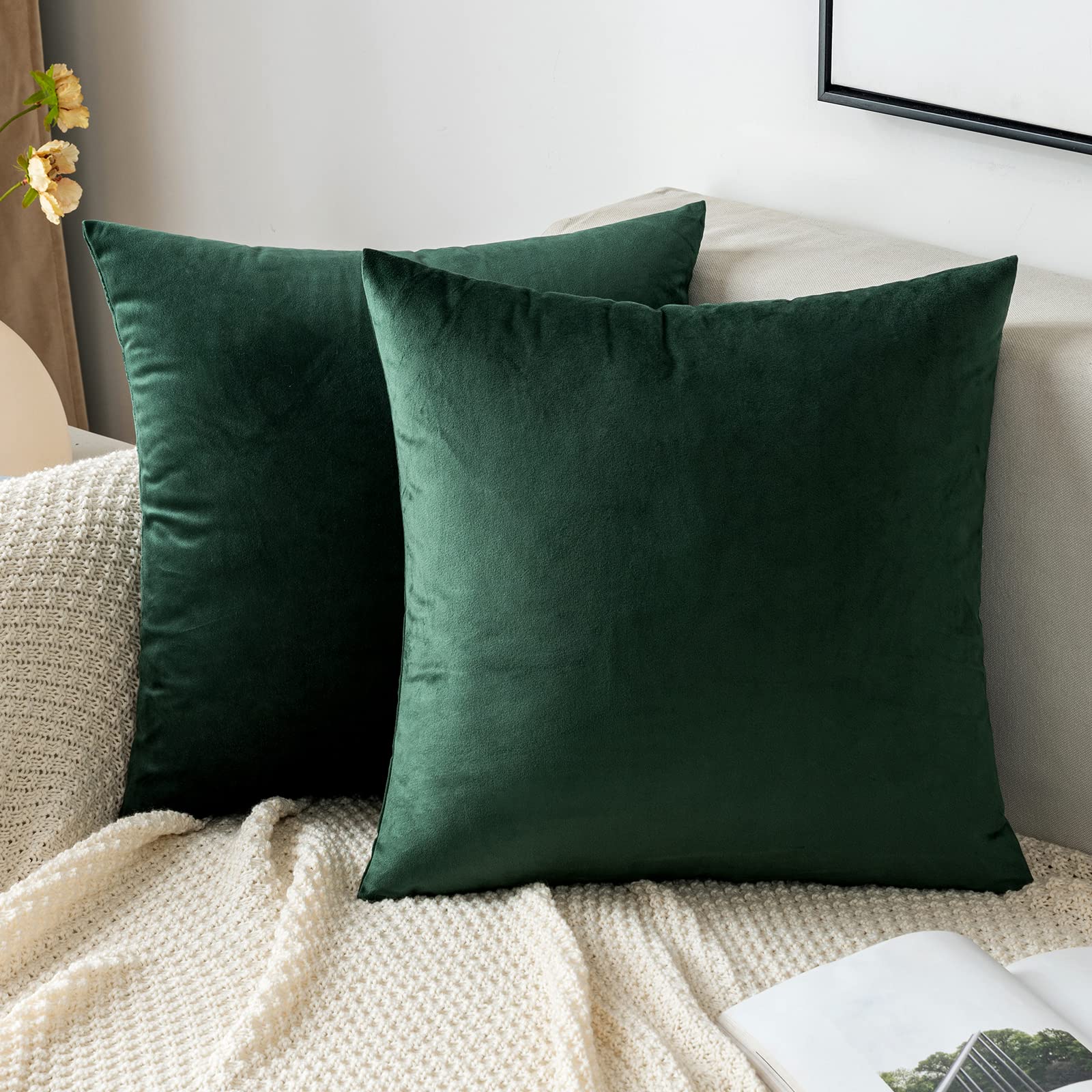 Emema Pack Of 2 Velvet Pillow Covers Decorative Square Pillowcase Soft Solid Cushion Case For Sofa Bedroom Car 16X16 Inch Dark G