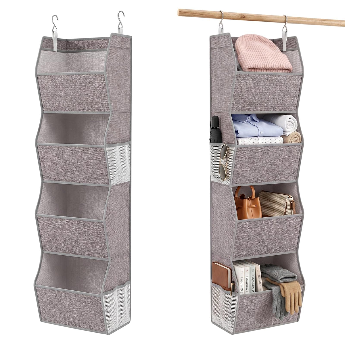 coastal rose 4Shelf Hanging Closet Organizer, Wide Trapezoid Hanging Shelves with Side Mesh Pockets, SpaceSaving Closet Storag