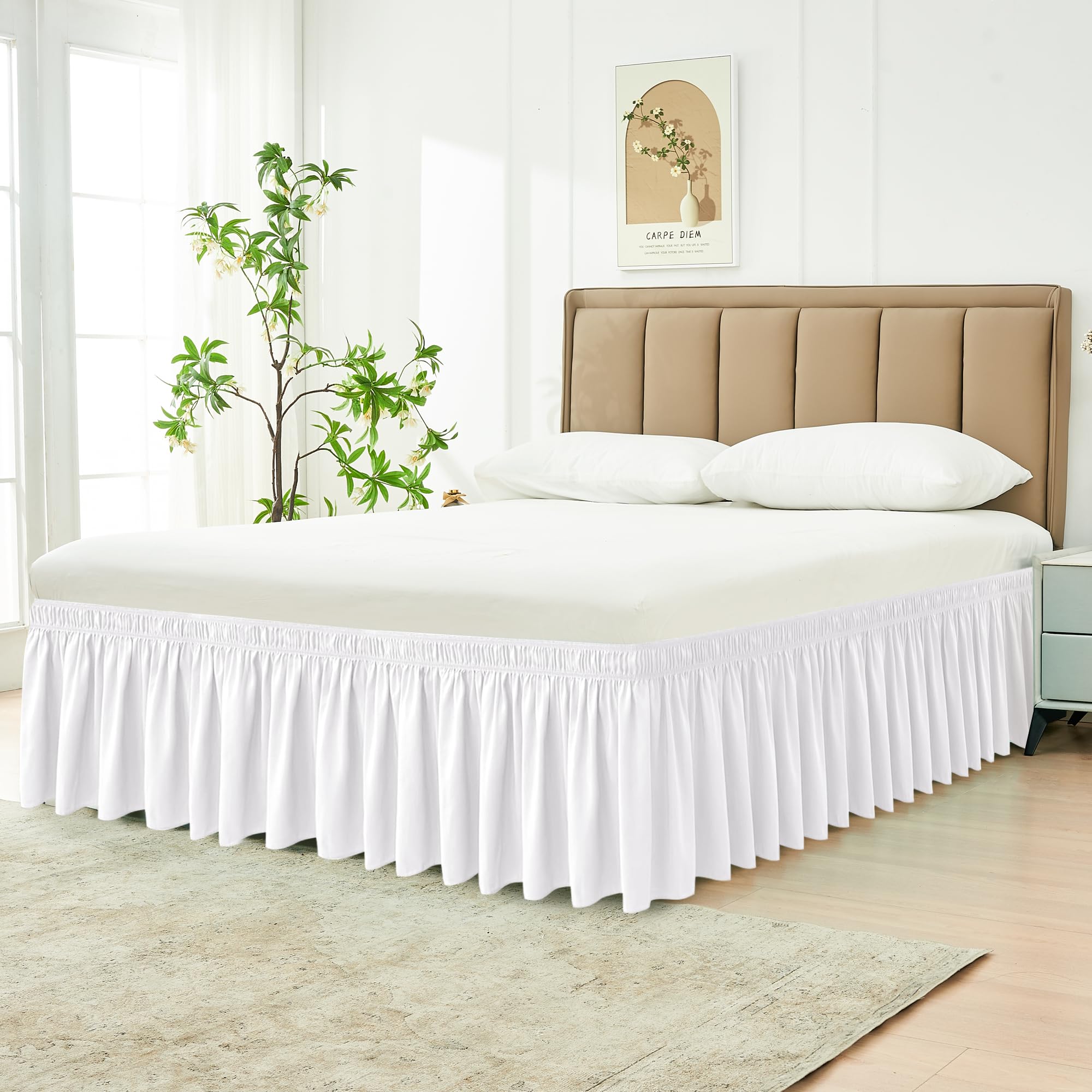 Biscaynebay Wrap Around Bed Skirts For Full & Full Xl Beds 11' Short Drop, White Adjustable Elastic Dust Ruffles Easy Fit Wrinkle Resistant Silky Luxurious Fabric Machine Washable