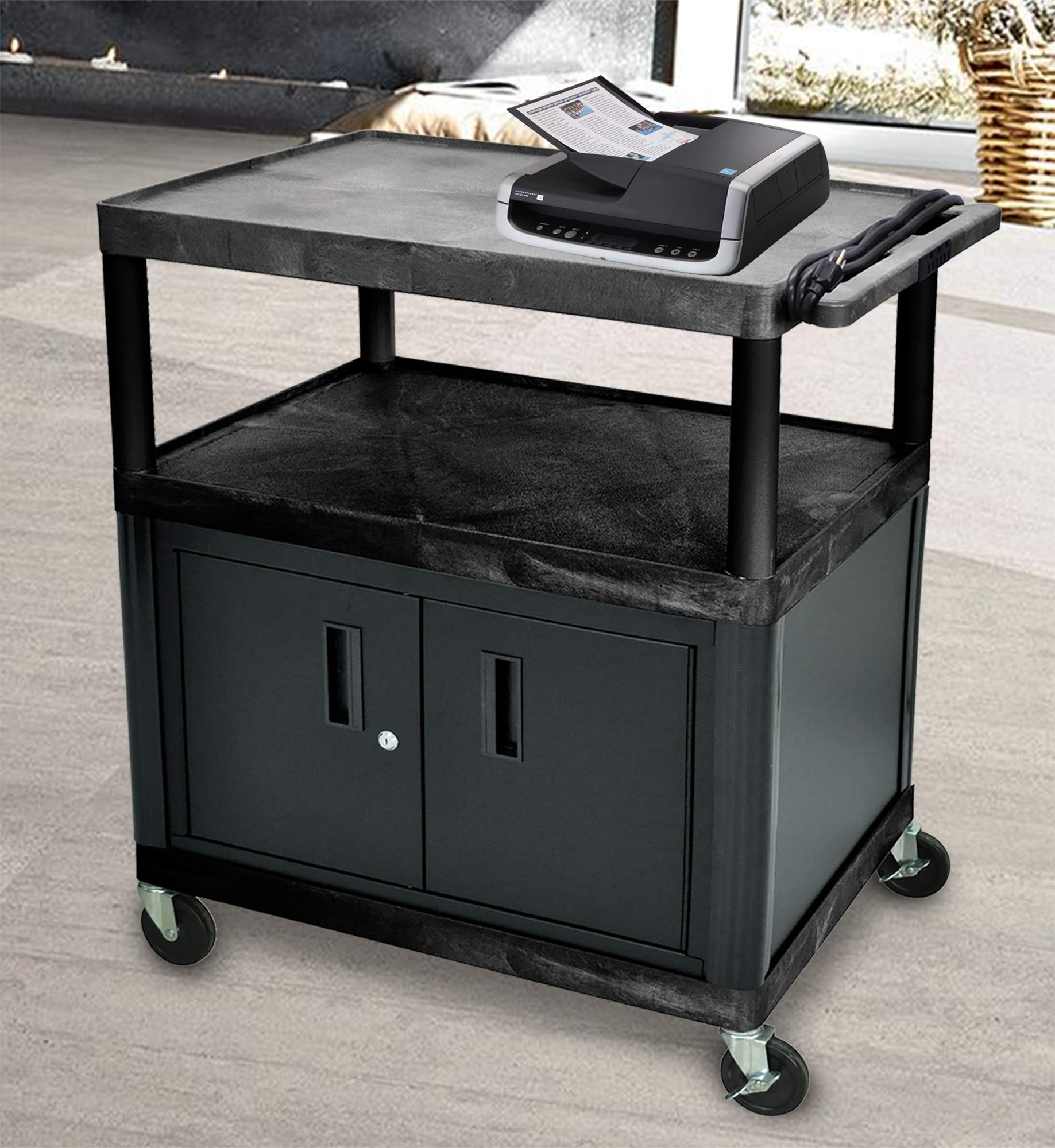 Luxor Lp40Ce-B Endura 3-Shelf Presentation Cart With Cabinet, 40-1/4' Height, Black