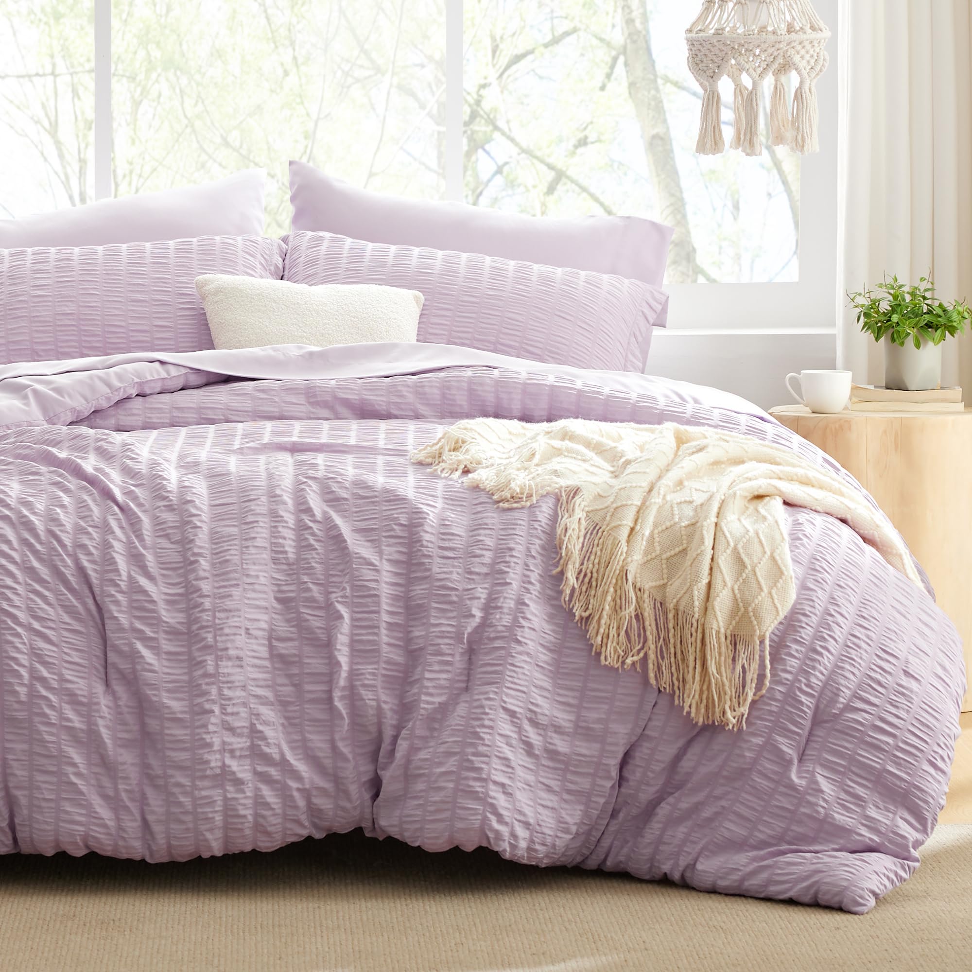 Love'S Cabin Seersucker Lavender King Size Comforter Set 7 Pieces, All Season Bedding Set, King Bed In A Bag Comforter Set With Comforter, Flat Sheet, Fitted Sheet, Pillowcase And Pillow Sham