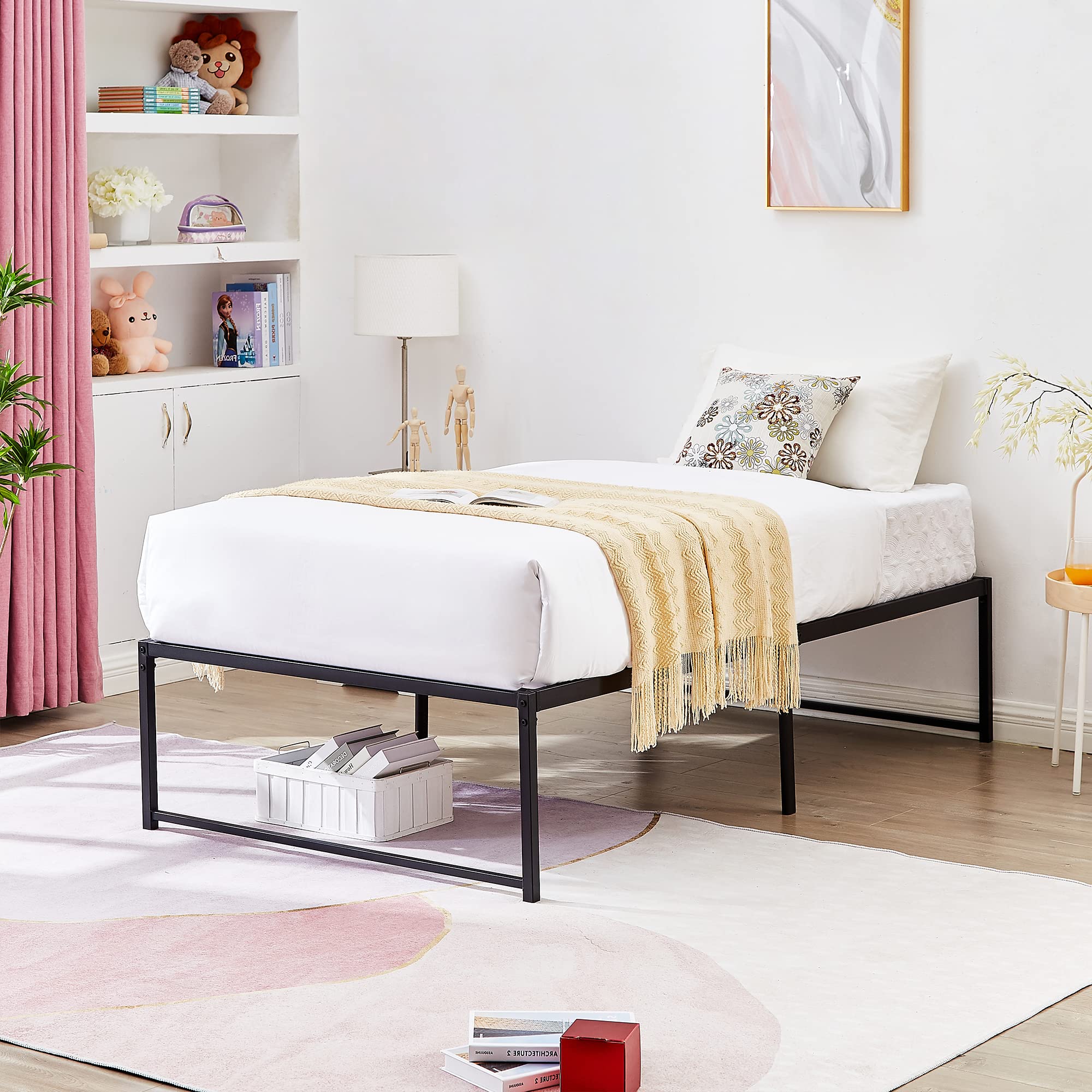 Vecelo 16' Metal Platform Tall Bed Frame,Mattress Foundation/No Box Spring Needed/Heavy Duty Steel Slat Support (Twin Size)