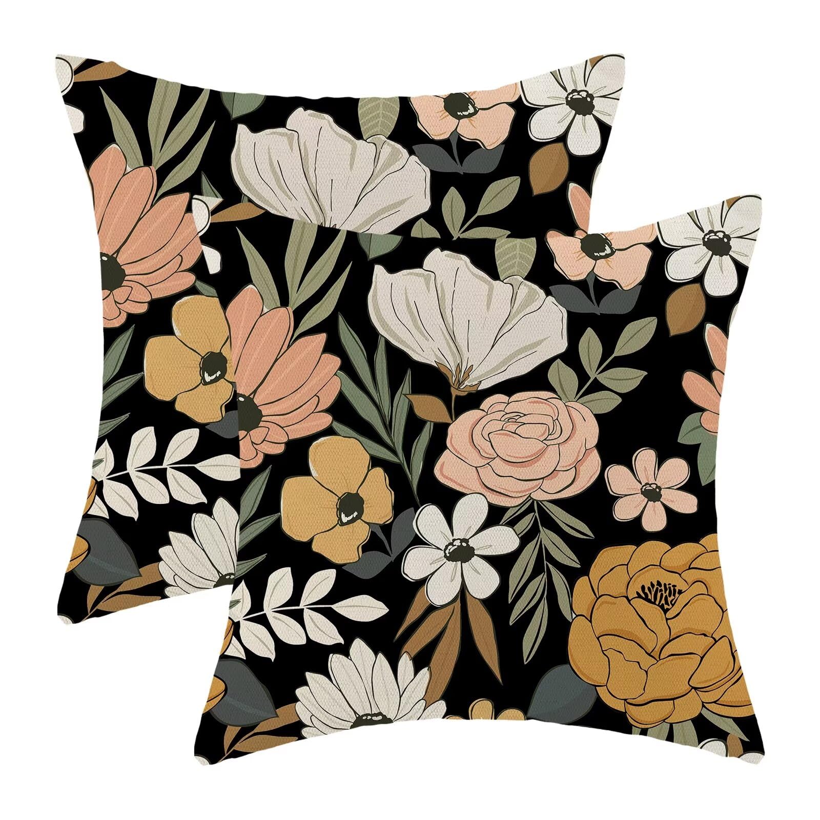 Betginy Spring Floral Throw Pillow Covers 16X16 Inch Set Of 2, Black Floral Decorative Outdoor Pillow Covers Rustic Modern Water