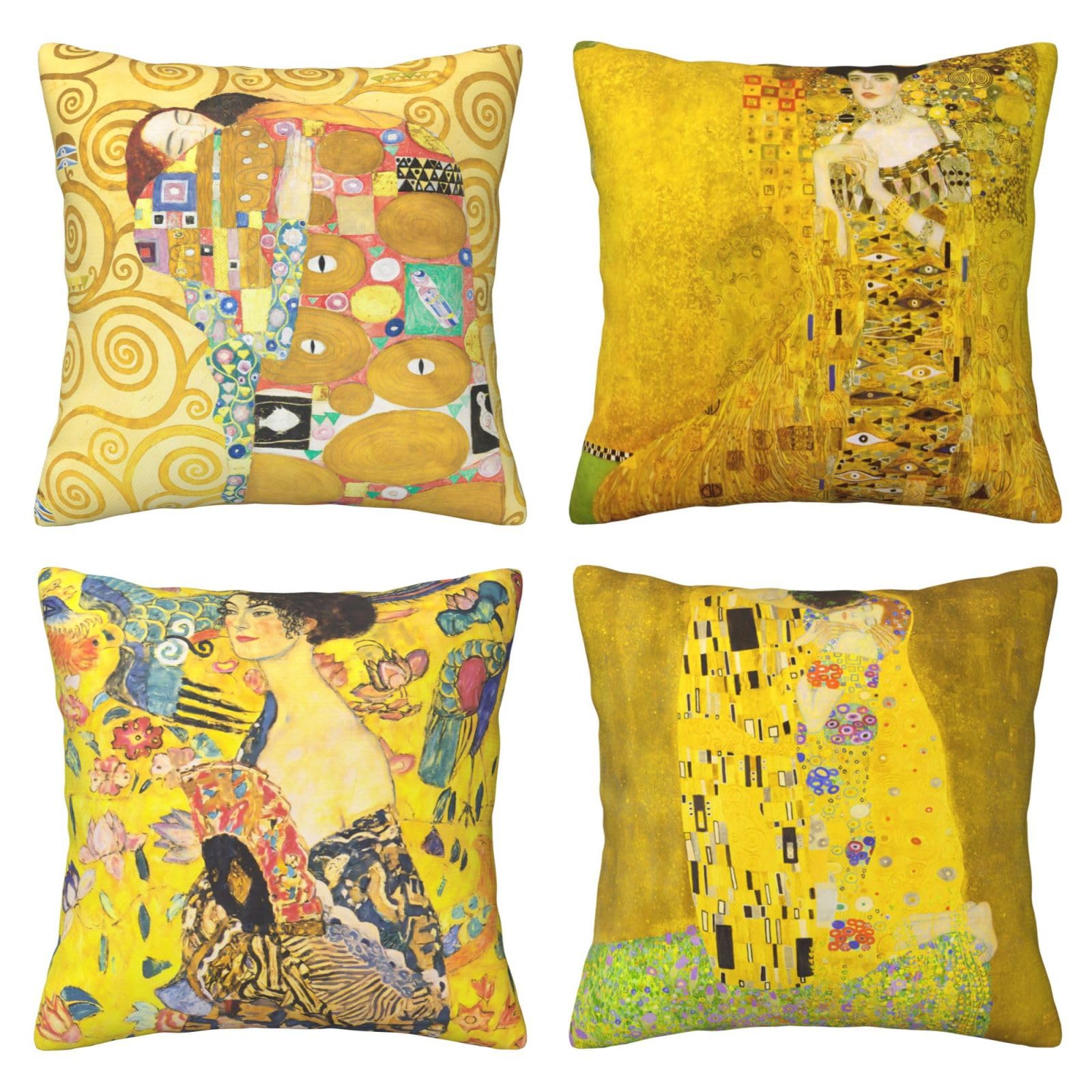 Hostecco Yellow Pillow Covers Set Of 4 Gustav Klimt Painting The Kiss Cushion Covers Square Decorative Pillow Cases For Sofa Cou
